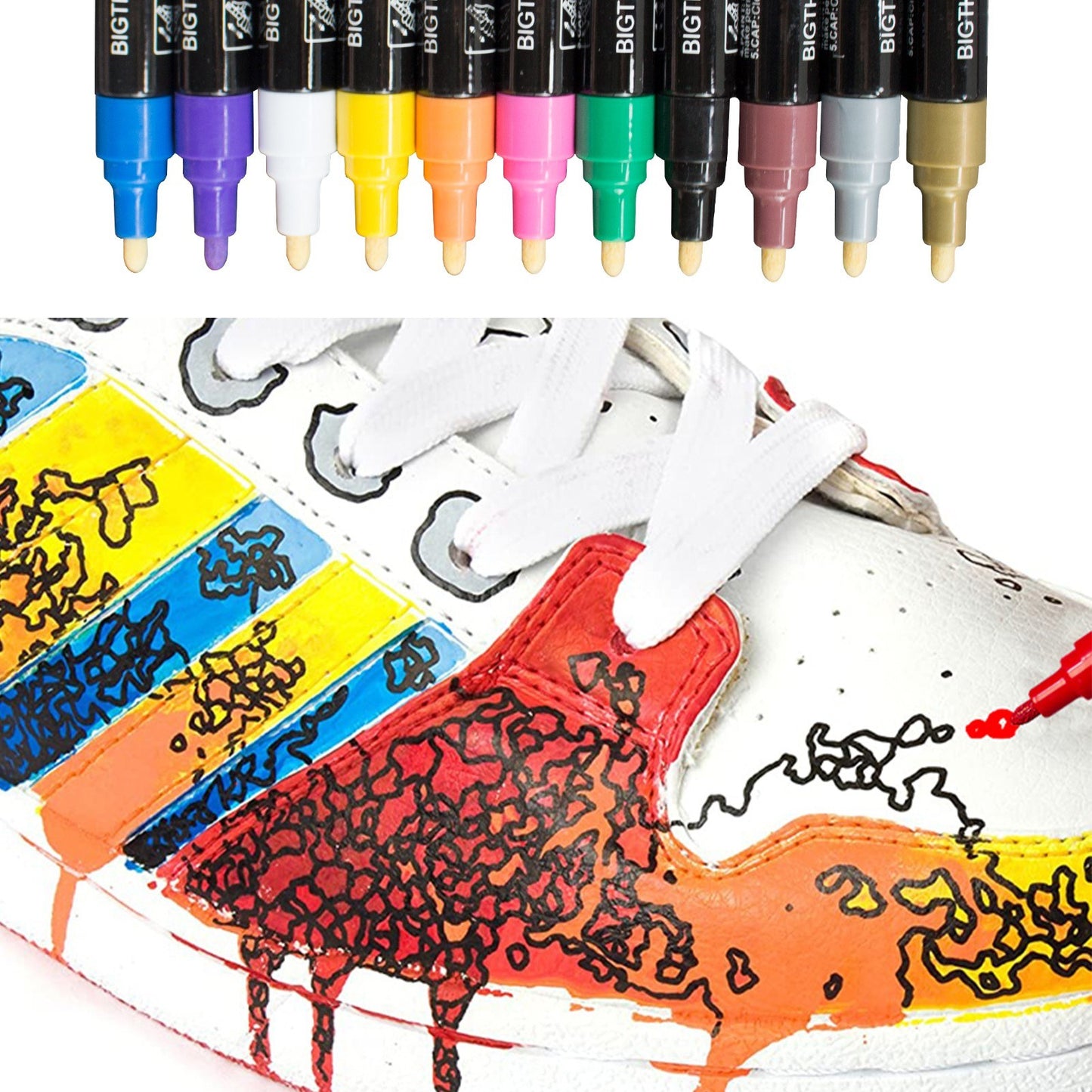 BIGTHUMB Oil-Based Paint Marker Set 12 Colors - Waterproof & Quick-Dry for Rocks, Glass, Plastic, Ceramic, Wood, Metal & DIY Crafts