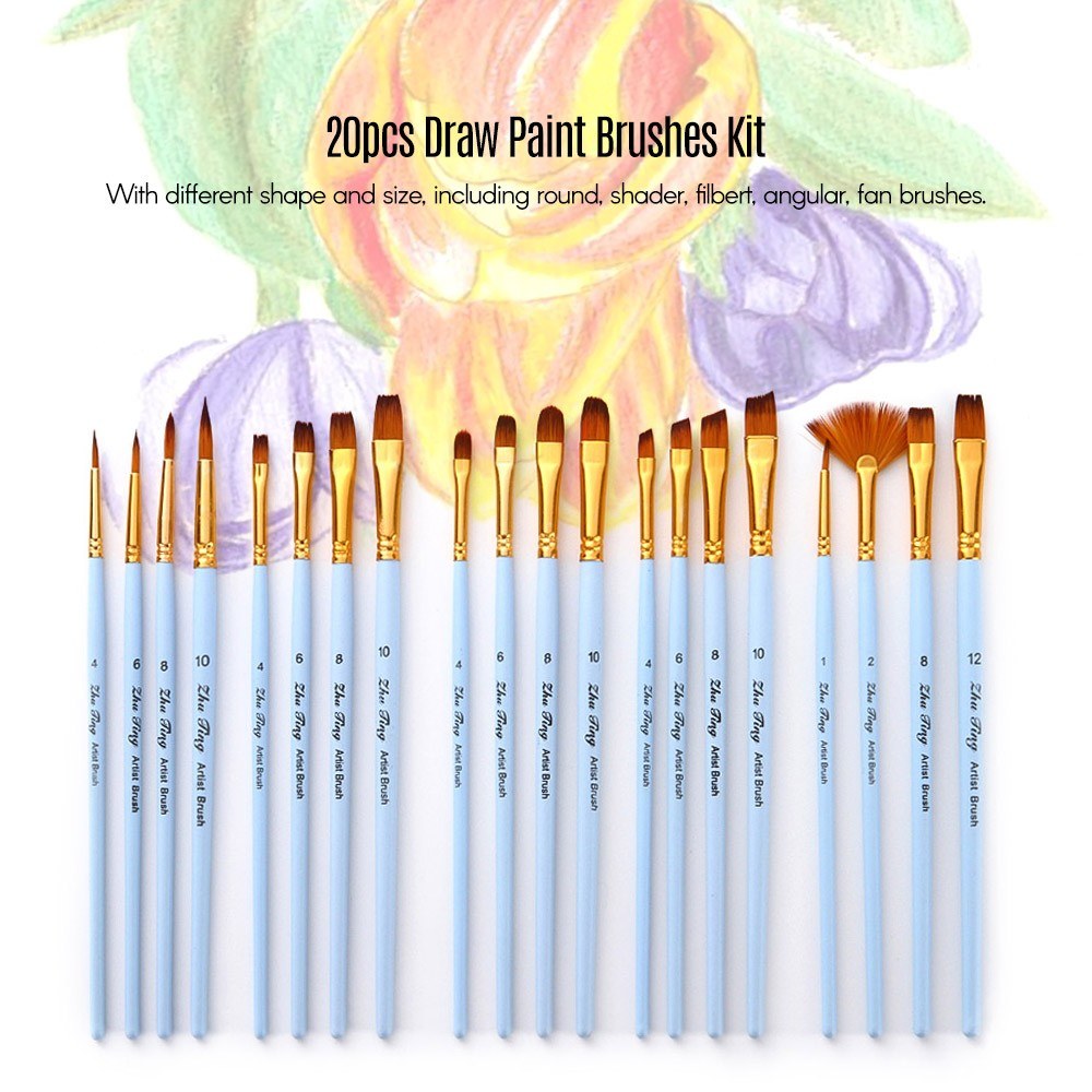 20pcs Artist Paint Brushes Set - Nylon Hair for Acrylic, Watercolor, Gouache, Oil & Face Painting - Ideal for Students & Professionals