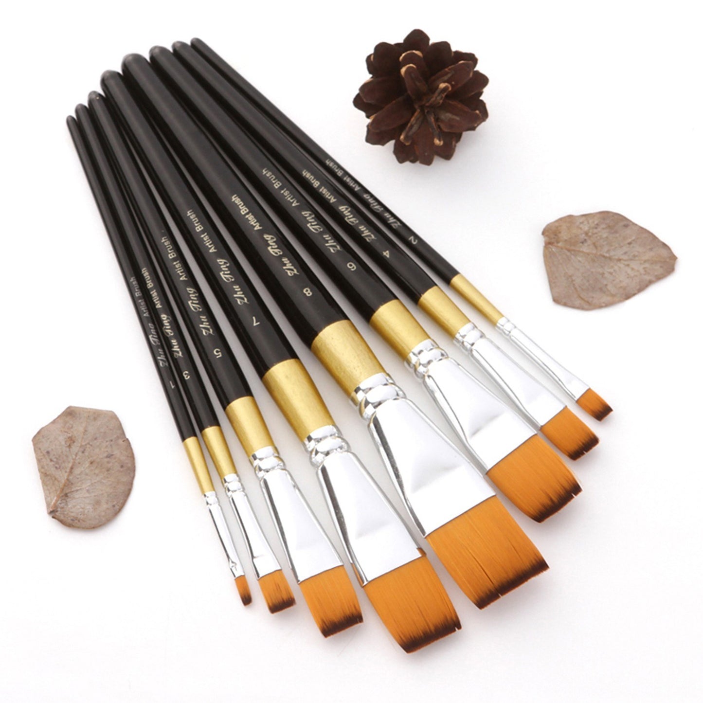 8pcs Flat Tip Nylon Paint Brushes Set for Acrylic, Oil, Watercolor, Gouache - Perfect for Students, Adults, Artists, Nail & Body Art
