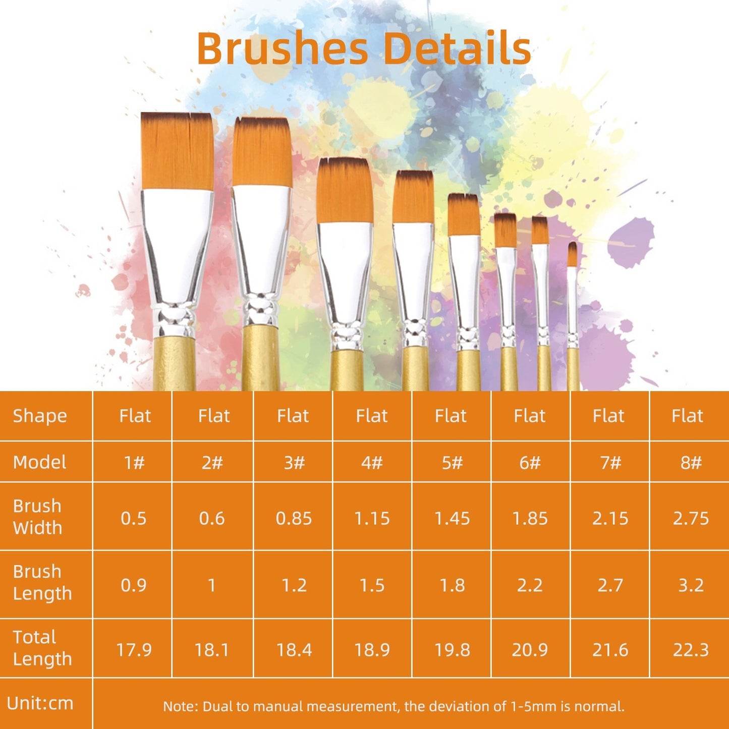 8pcs Flat Tip Nylon Paint Brushes Set for Acrylic, Oil, Watercolor, Gouache - Perfect for Students, Adults, Artists, Nail & Body Art
