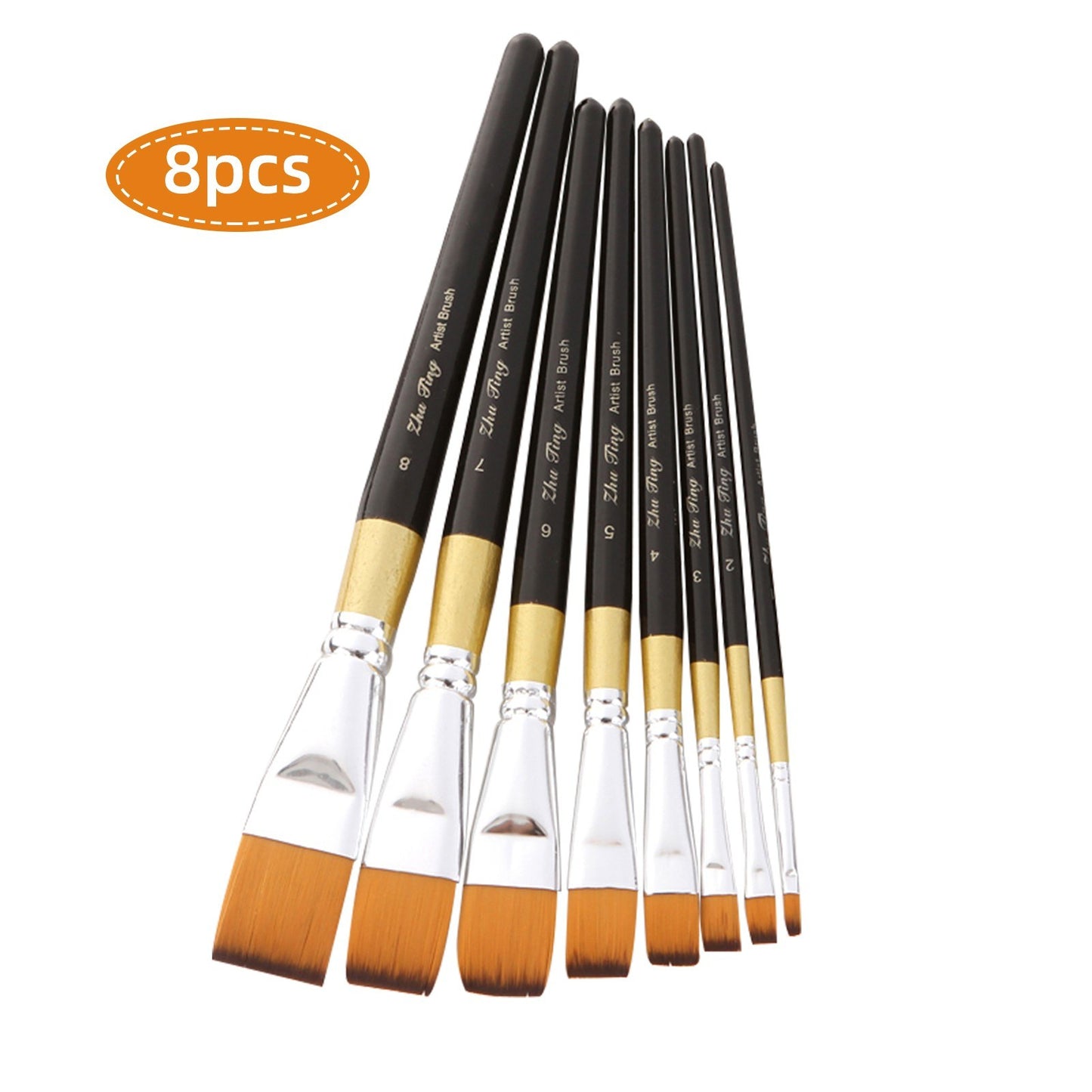 8pcs Flat Tip Nylon Paint Brushes Set for Acrylic, Oil, Watercolor, Gouache - Perfect for Students, Adults, Artists, Nail & Body Art