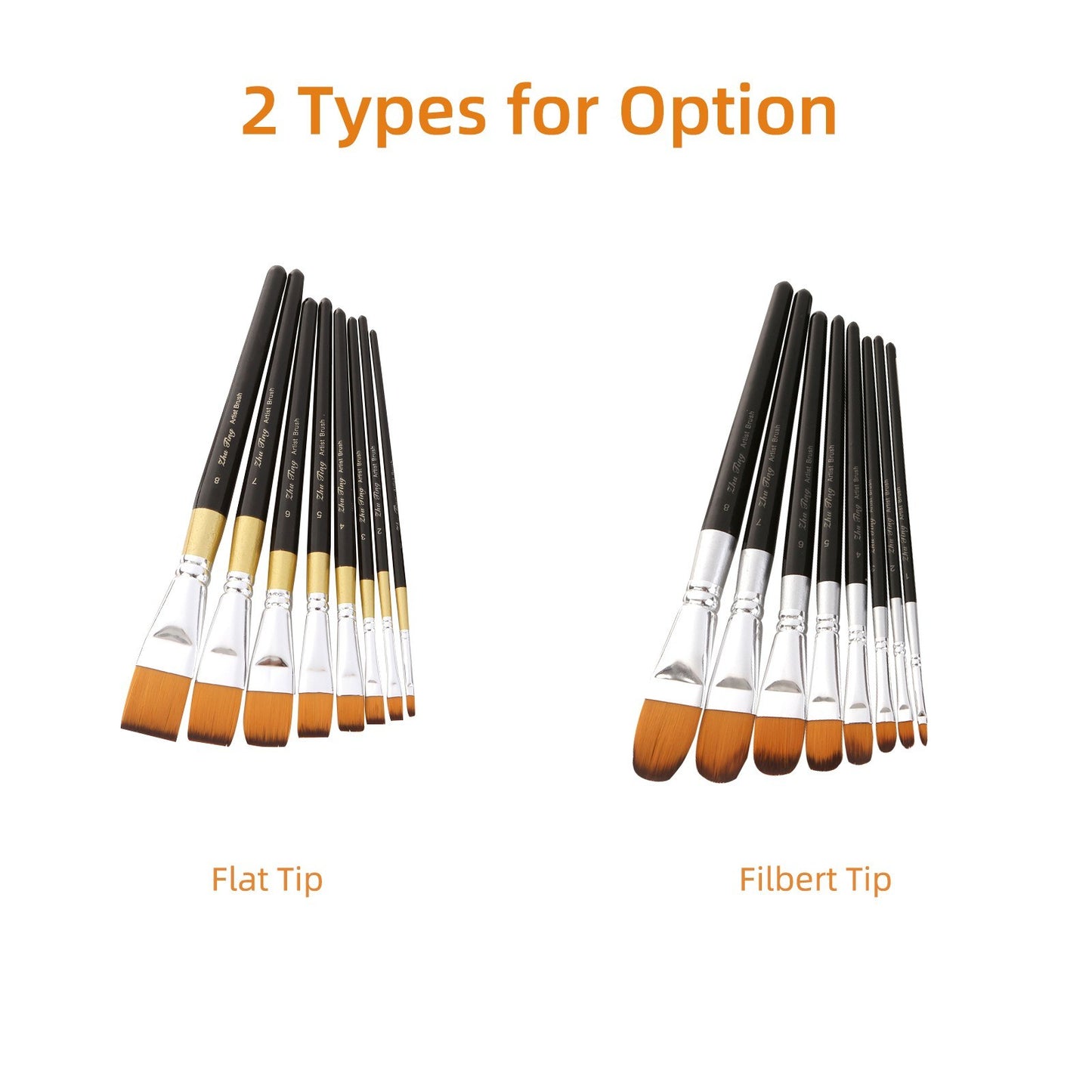 8pcs Flat Tip Nylon Paint Brushes Set for Acrylic, Oil, Watercolor, Gouache - Perfect for Students, Adults, Artists, Nail & Body Art