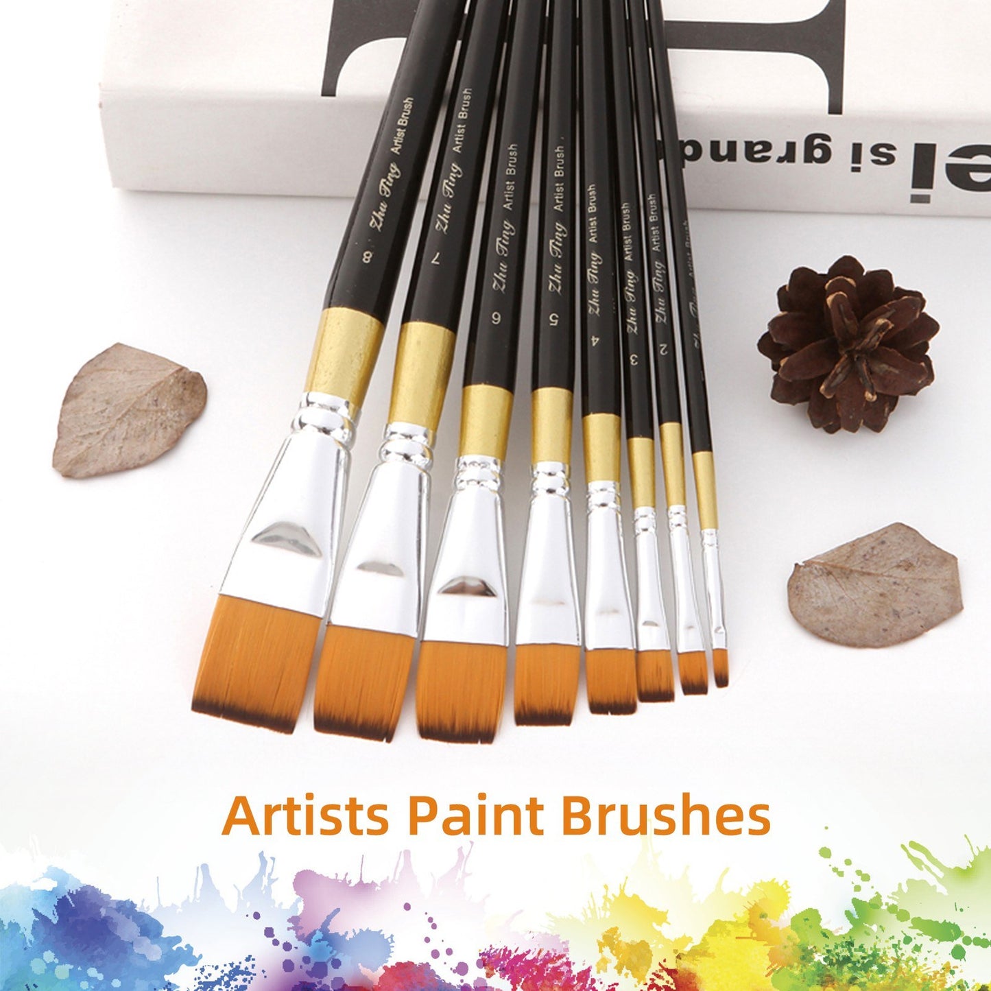 8pcs Flat Tip Nylon Paint Brushes Set for Acrylic, Oil, Watercolor, Gouache - Perfect for Students, Adults, Artists, Nail & Body Art