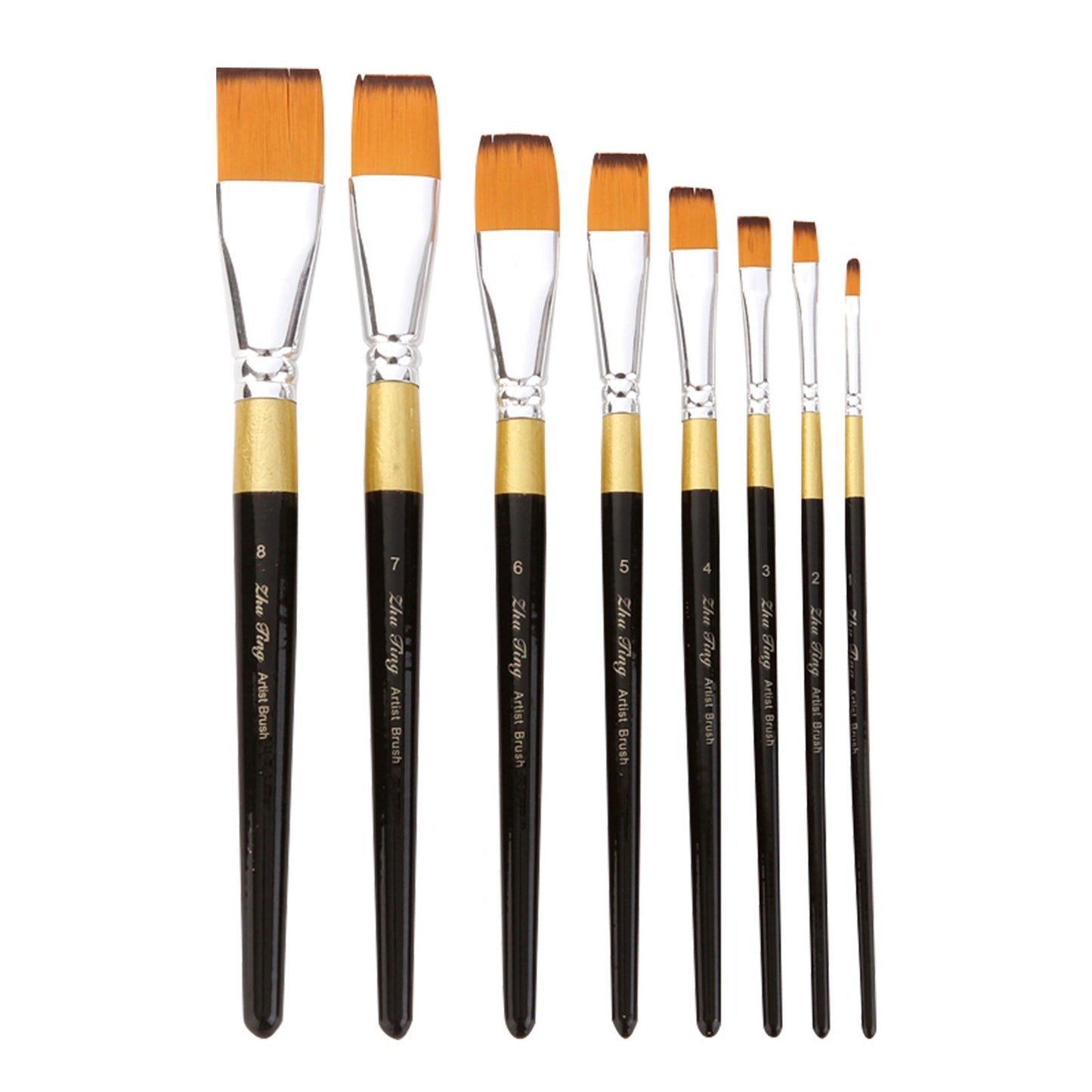 8pcs Flat Tip Nylon Paint Brushes Set for Acrylic, Oil, Watercolor, Gouache - Perfect for Students, Adults, Artists, Nail & Body Art