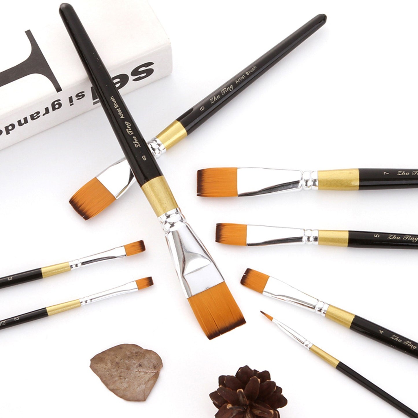 8pcs Flat Tip Nylon Paint Brushes Set for Acrylic, Oil, Watercolor, Gouache - Perfect for Students, Adults, Artists, Nail & Body Art