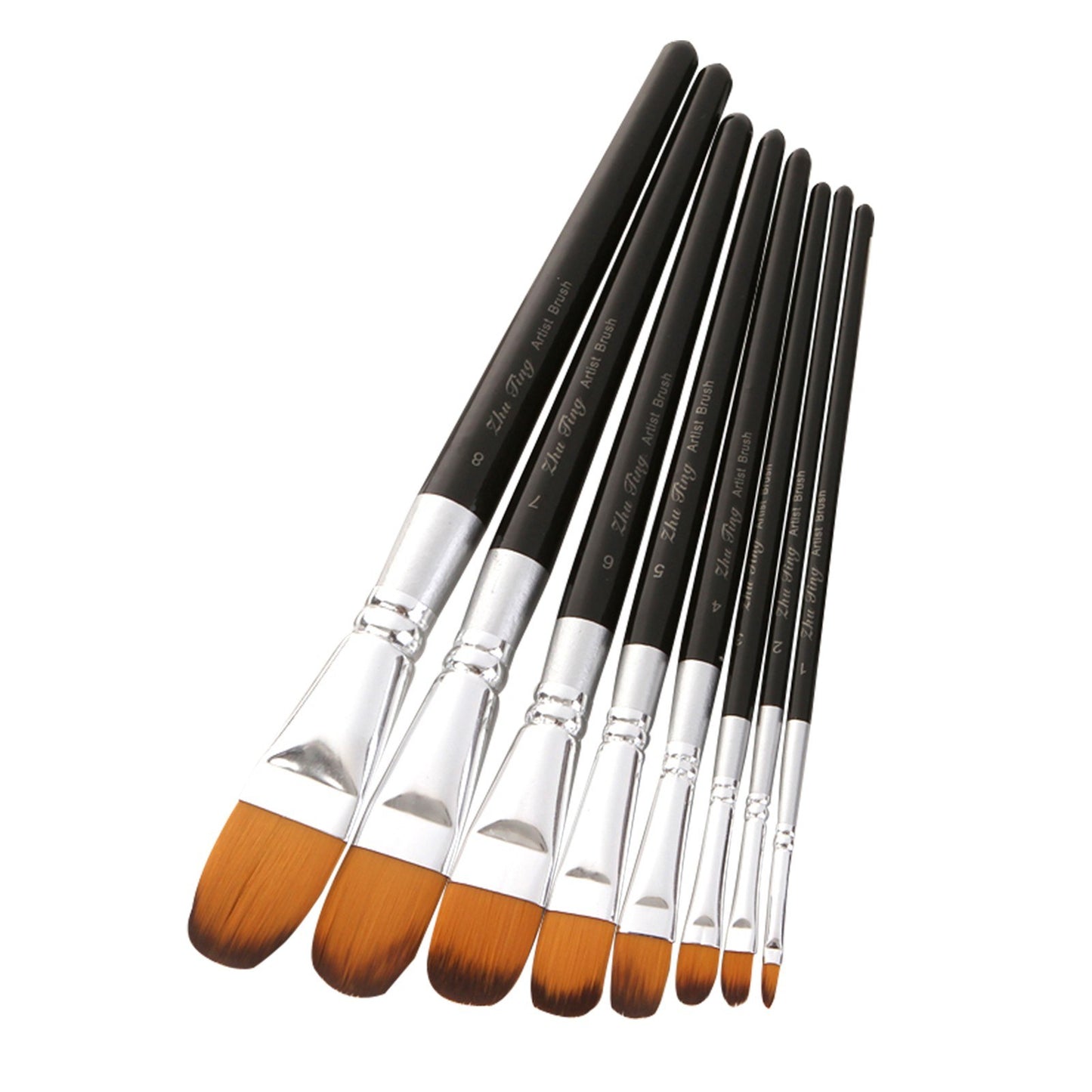 8pcs Flat Tip Nylon Paint Brushes Set for Acrylic, Oil, Watercolor, Gouache - Perfect for Students, Adults, Artists, Nail & Body Art