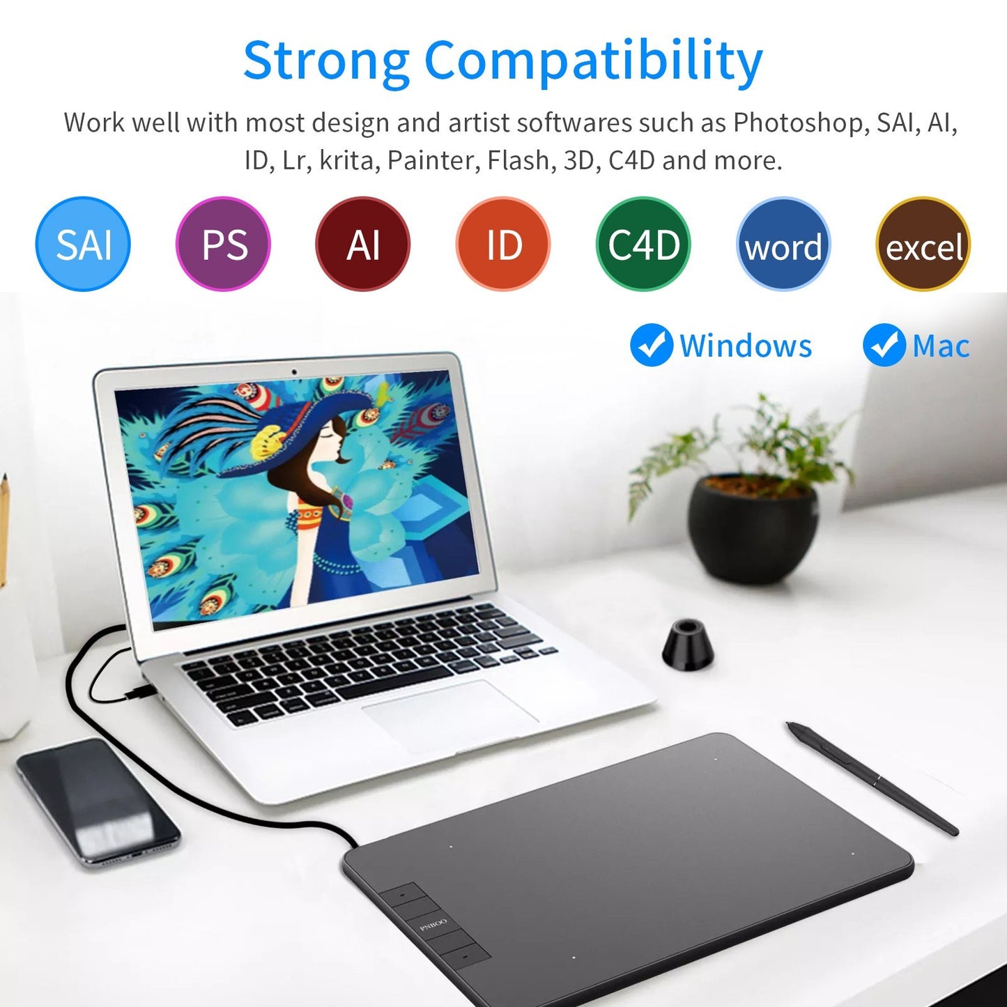 PNBOO PN640 6x4 Inch Drawing Tablet with Battery-Free Stylus