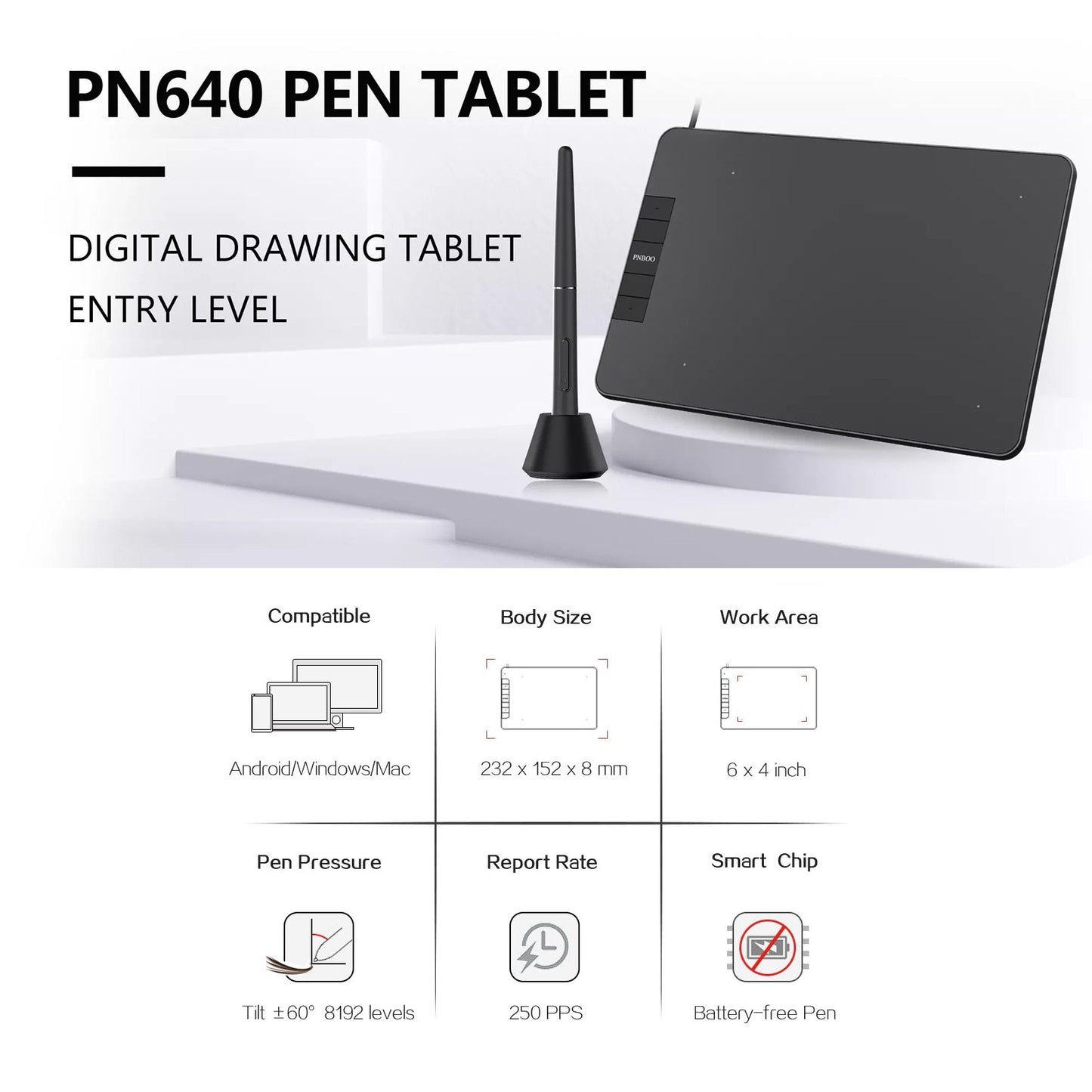 PNBOO PN640 6x4 Inch Drawing Tablet with Battery-Free Stylus