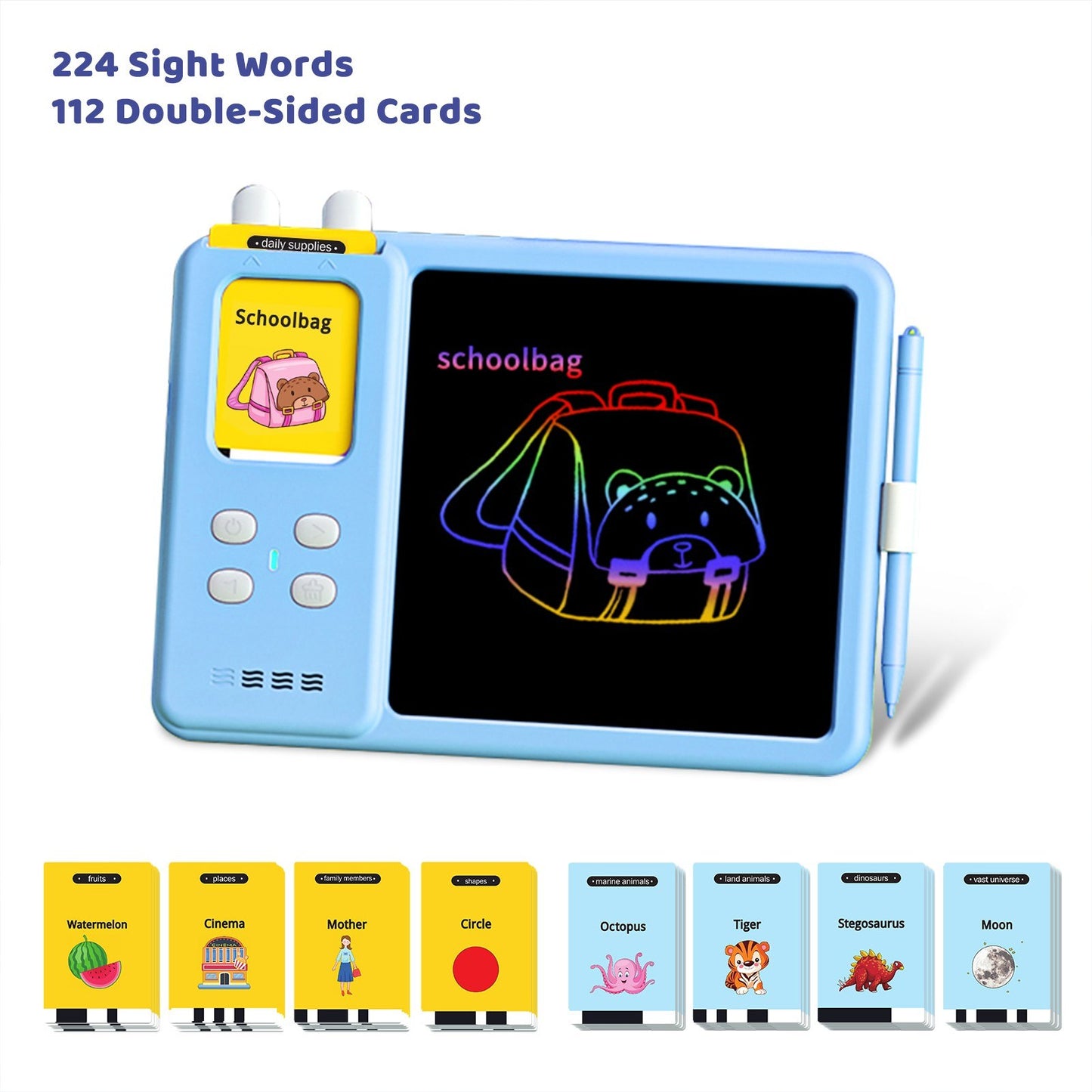 2-in-1 Educational Talking Flash Cards & LCD Writing Tablet with 224 Sight Words for Kids