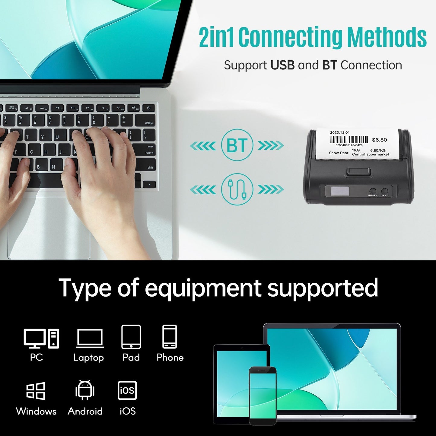 Portable 4-inch Wireless Thermal Receipt Printer, 110mm, 203dpi, BT & USB Connectivity for Small Businesses, Includes 1 Roll Thermal Paper