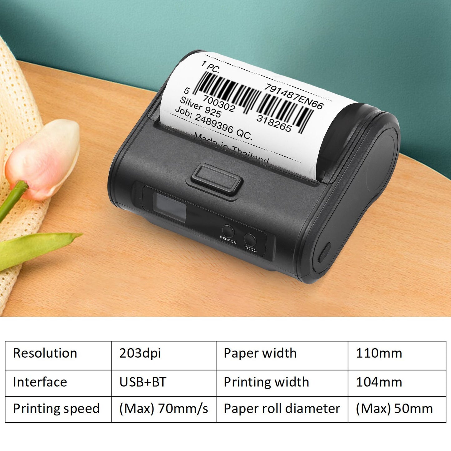 Portable 4-inch Wireless Thermal Receipt Printer, 110mm, 203dpi, BT & USB Connectivity for Small Businesses, Includes 1 Roll Thermal Paper