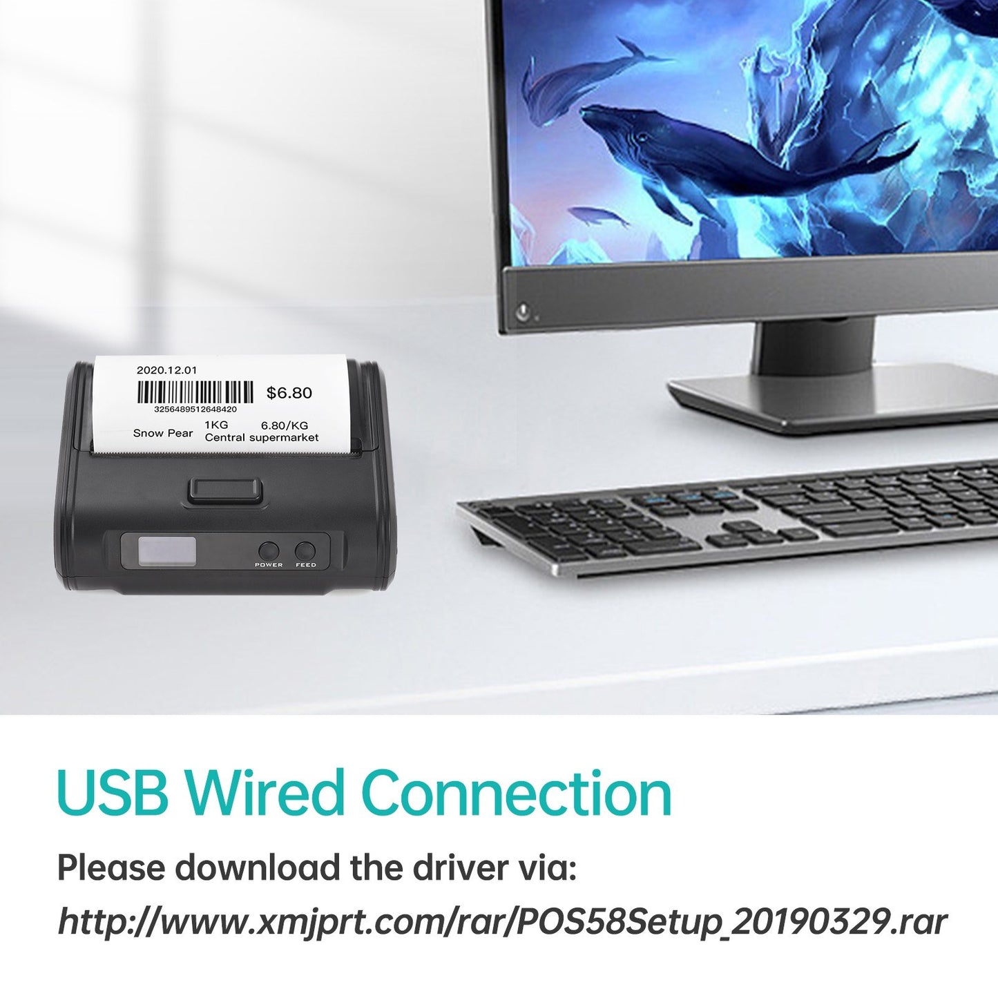 Portable 4-inch Wireless Thermal Receipt Printer, 110mm, 203dpi, BT & USB Connectivity for Small Businesses, Includes 1 Roll Thermal Paper