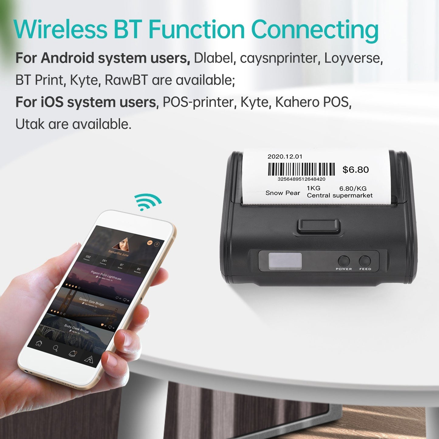 Portable 4-inch Wireless Thermal Receipt Printer, 110mm, 203dpi, BT & USB Connectivity for Small Businesses, Includes 1 Roll Thermal Paper