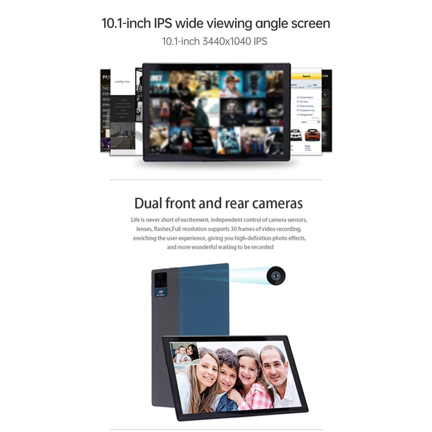 10.1 Inch Android Tablet, 4GB+32GB, 3440x1040 IPS HD Touchscreen, Dual Camera 2MP+5MP