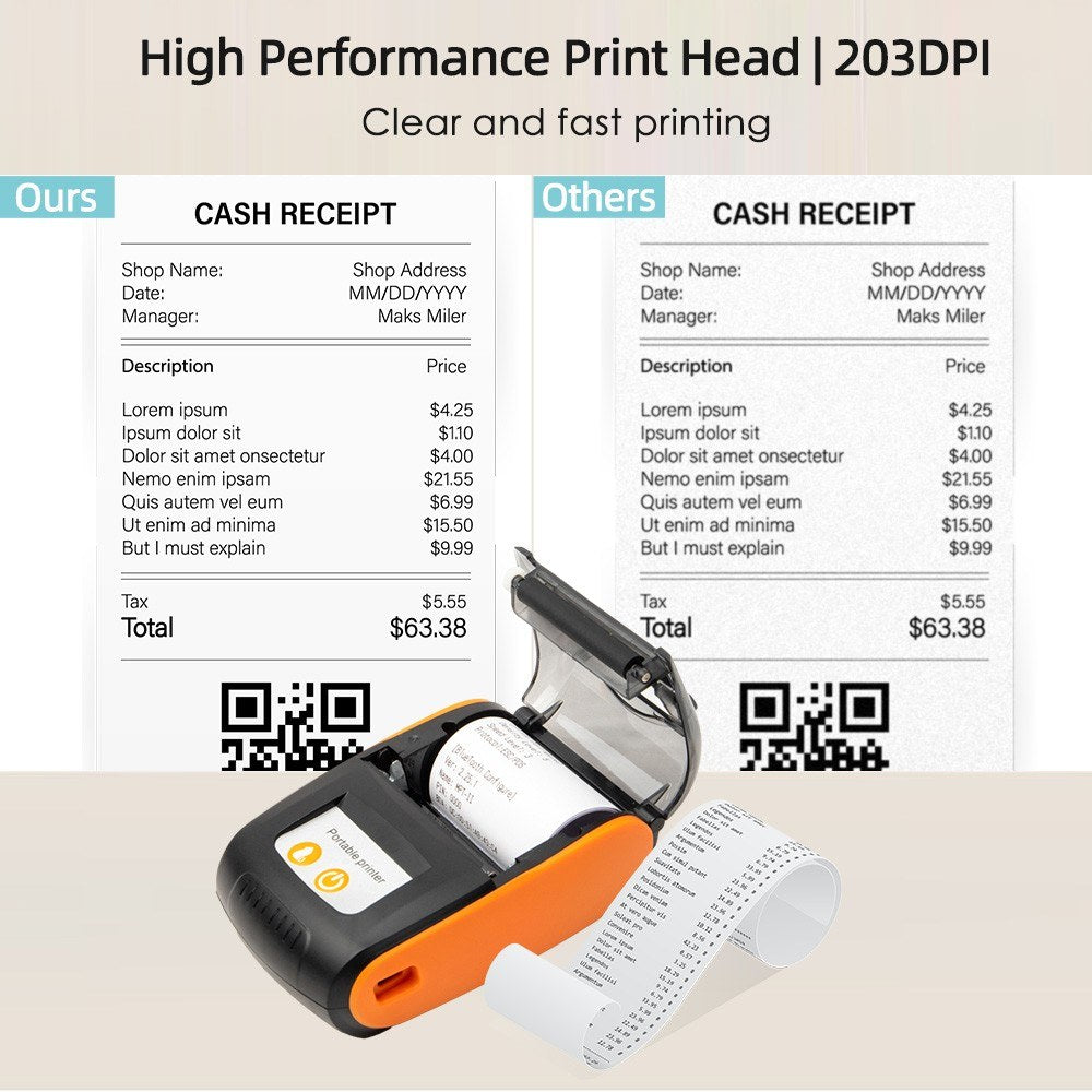 58mm Portable Thermal Receipt Printer: Wireless BT/USB Mini Mobile Printer with 2-Inch Thermal Paper Roll for Small Business, Restaurant, Retail Store