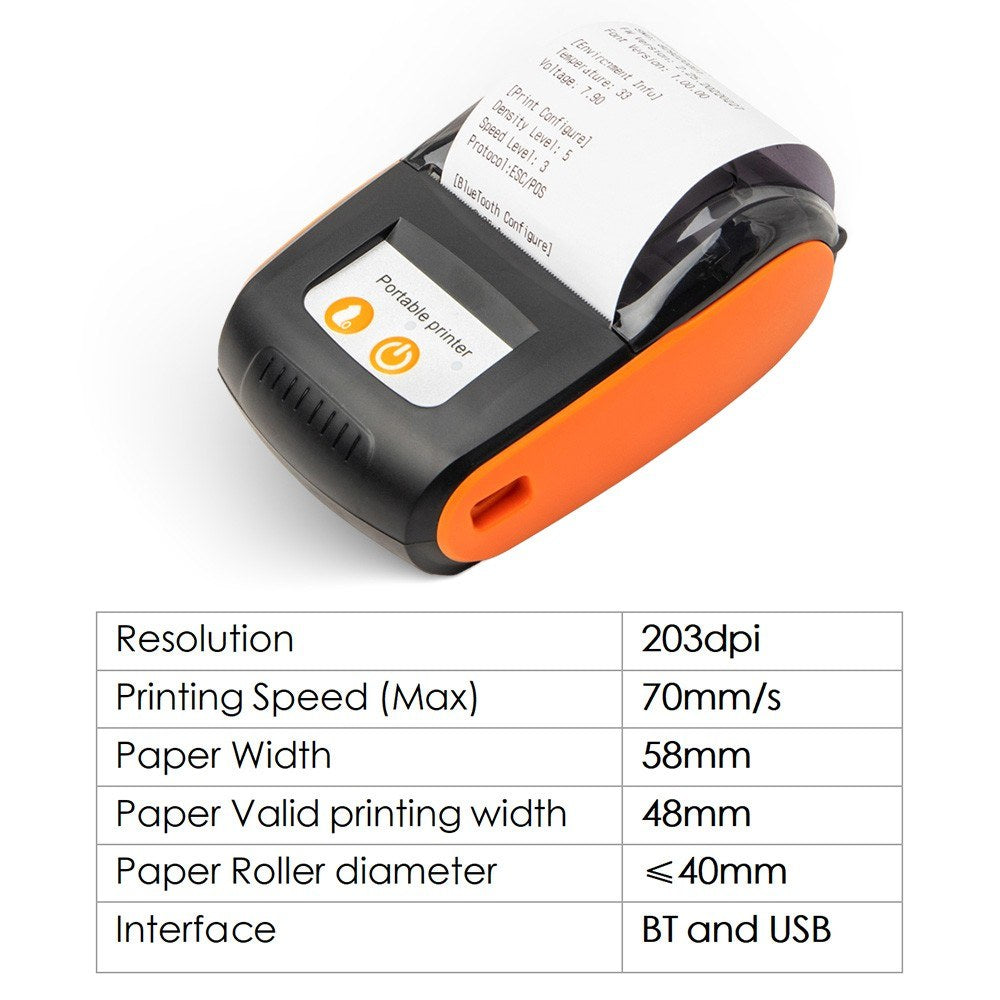 58mm Portable Thermal Receipt Printer: Wireless BT/USB Mini Mobile Printer with 2-Inch Thermal Paper Roll for Small Business, Restaurant, Retail Store