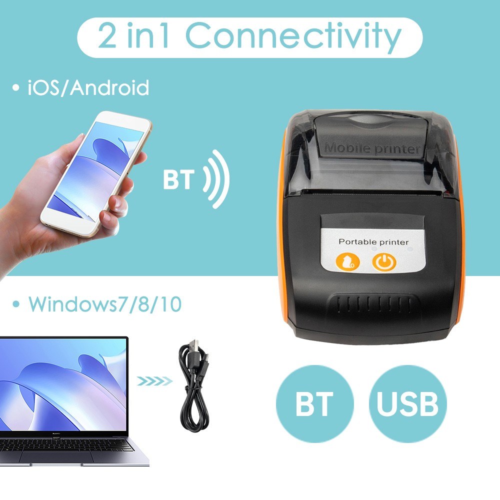 58mm Portable Thermal Receipt Printer: Wireless BT/USB Mini Mobile Printer with 2-Inch Thermal Paper Roll for Small Business, Restaurant, Retail Store