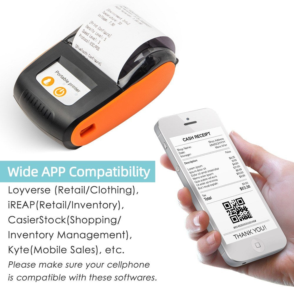 58mm Portable Thermal Receipt Printer: Wireless BT/USB Mini Mobile Printer with 2-Inch Thermal Paper Roll for Small Business, Restaurant, Retail Store