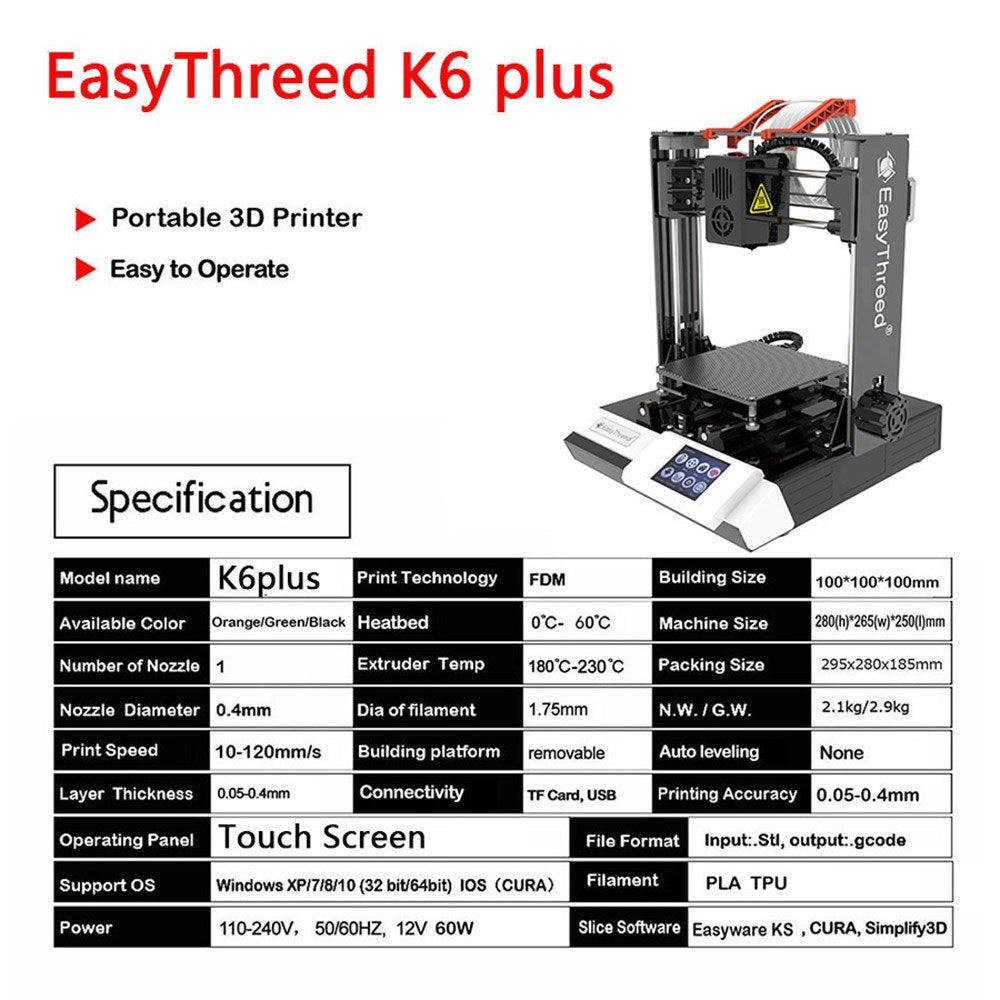 EasyThreed K6 Plus 3D Printer, FDM Desktop Machine 150x150x150mm for Beginners, Includes 10m PLA Filament