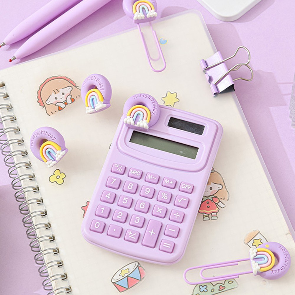 Cute Stationery Set: Basic Calculator, Long Tail Paper Clamp, Pens, Bookmark, Pushpin, Math Organizer for School, Office, Home, Classroom