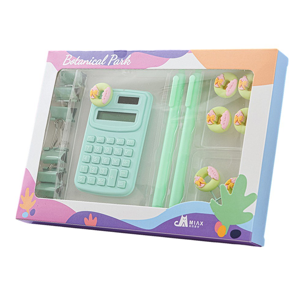 Cute Stationery Set: Basic Calculator, Long Tail Paper Clamp, Pens, Bookmark, Pushpin, Math Organizer for School, Office, Home, Classroom