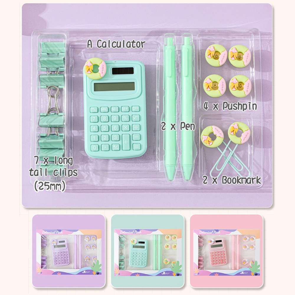 Cute Stationery Set: Basic Calculator, Long Tail Paper Clamp, Pens, Bookmark, Pushpin, Math Organizer for School, Office, Home, Classroom