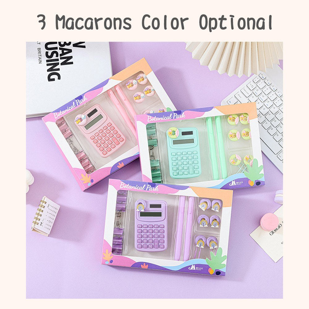 Cute Stationery Set: Basic Calculator, Long Tail Paper Clamp, Pens, Bookmark, Pushpin, Math Organizer for School, Office, Home, Classroom