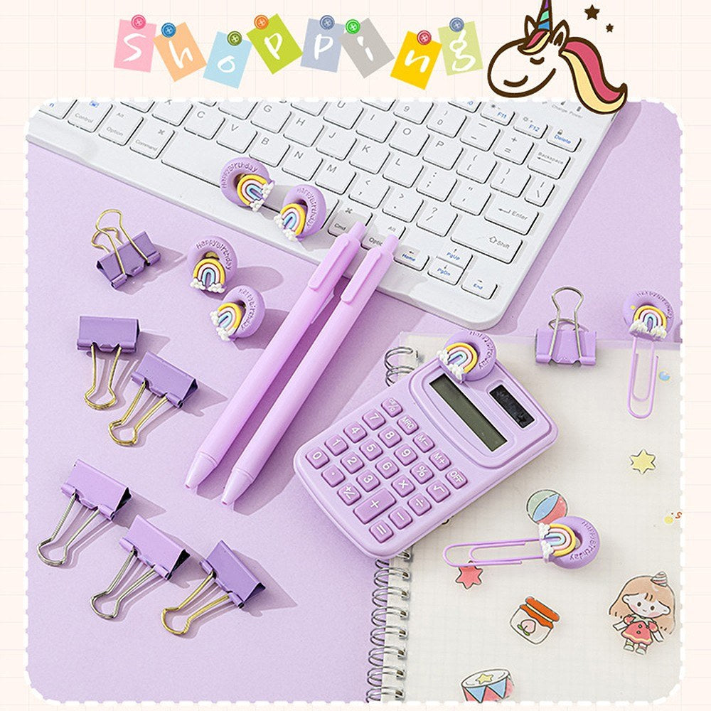 Cute Stationery Set: Basic Calculator, Long Tail Paper Clamp, Pens, Bookmark, Pushpin, Math Organizer for School, Office, Home, Classroom