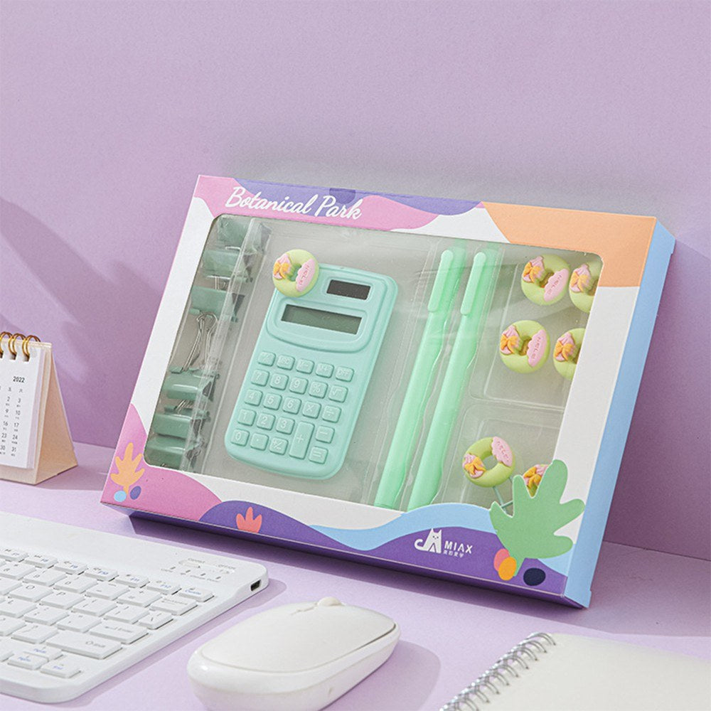 Cute Stationery Set: Basic Calculator, Long Tail Paper Clamp, Pens, Bookmark, Pushpin, Math Organizer for School, Office, Home, Classroom
