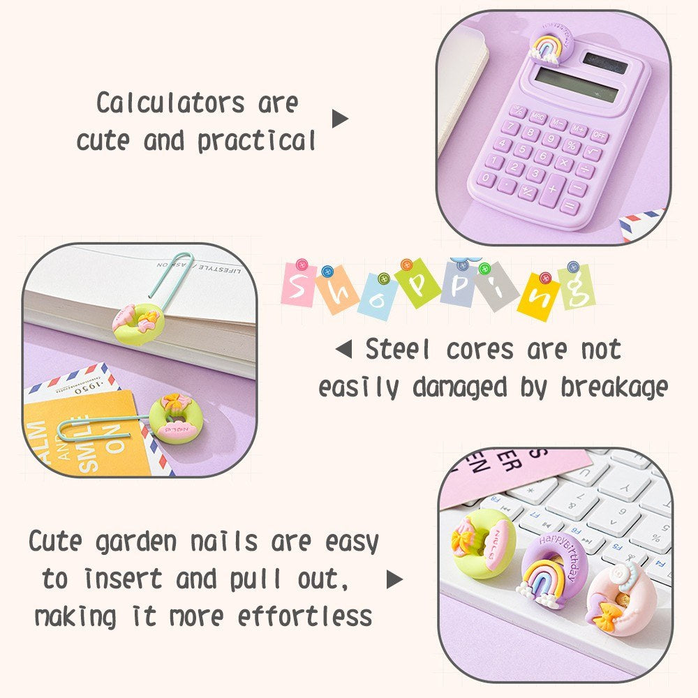 Cute Stationery Set: Basic Calculator, Long Tail Paper Clamp, Pens, Bookmark, Pushpin, Math Organizer for School, Office, Home, Classroom