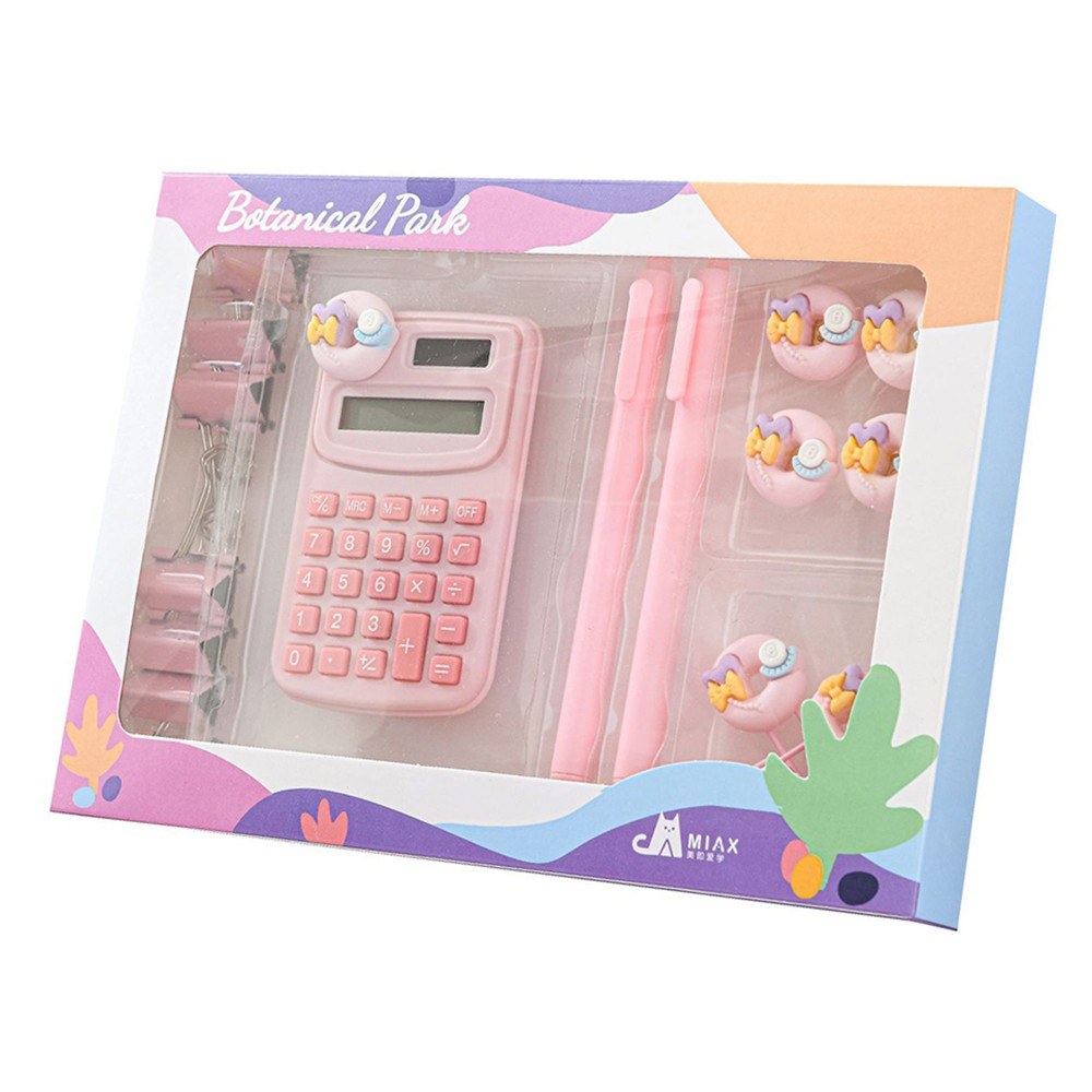 Cute Stationery Set: Basic Calculator, Long Tail Paper Clamp, Pens, Bookmark, Pushpin, Math Organizer for School, Office, Home, Classroom
