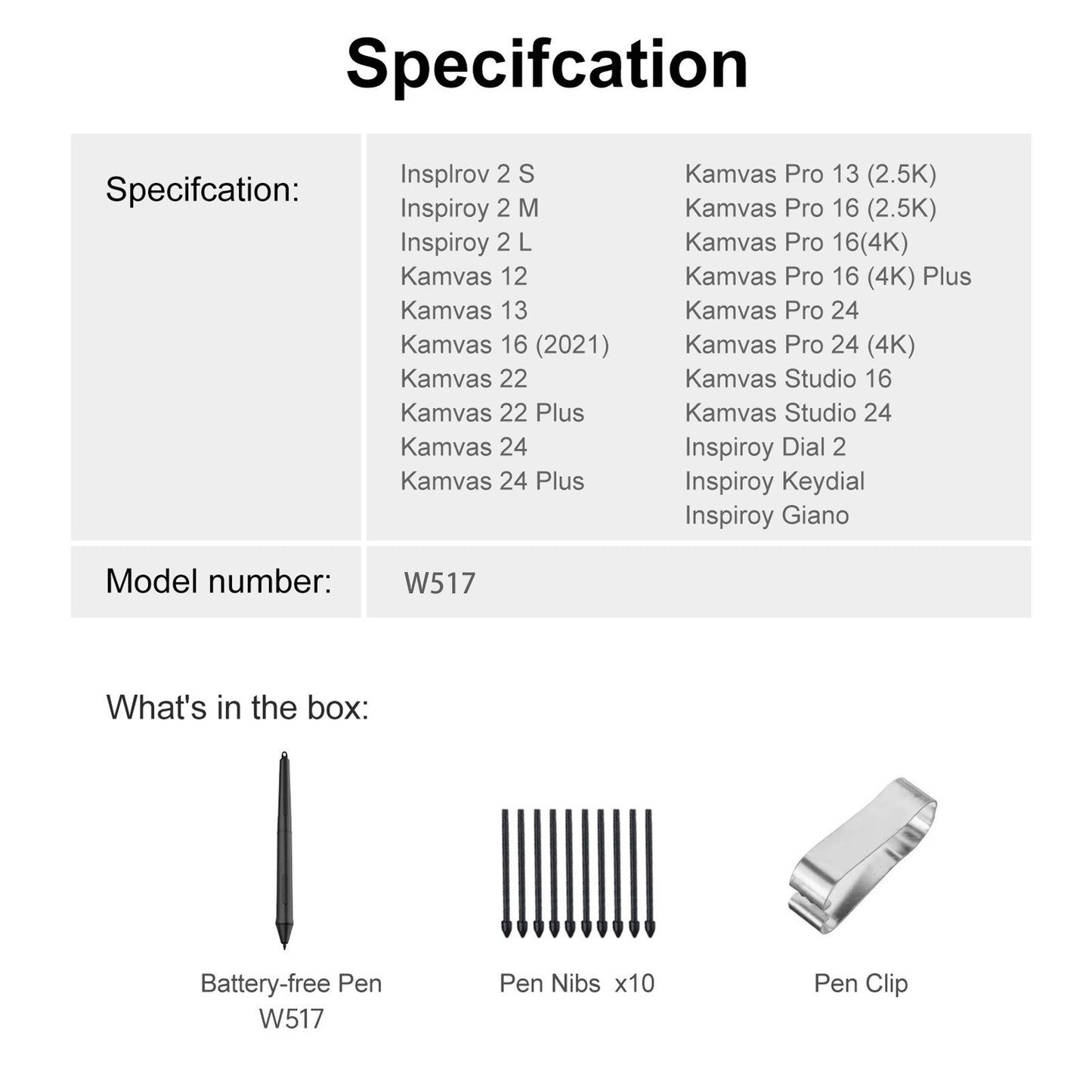 W517 Stylus Pen - 8192 Levels, 2 Custom Keys, 10 Extra Nibs, Battery-Free