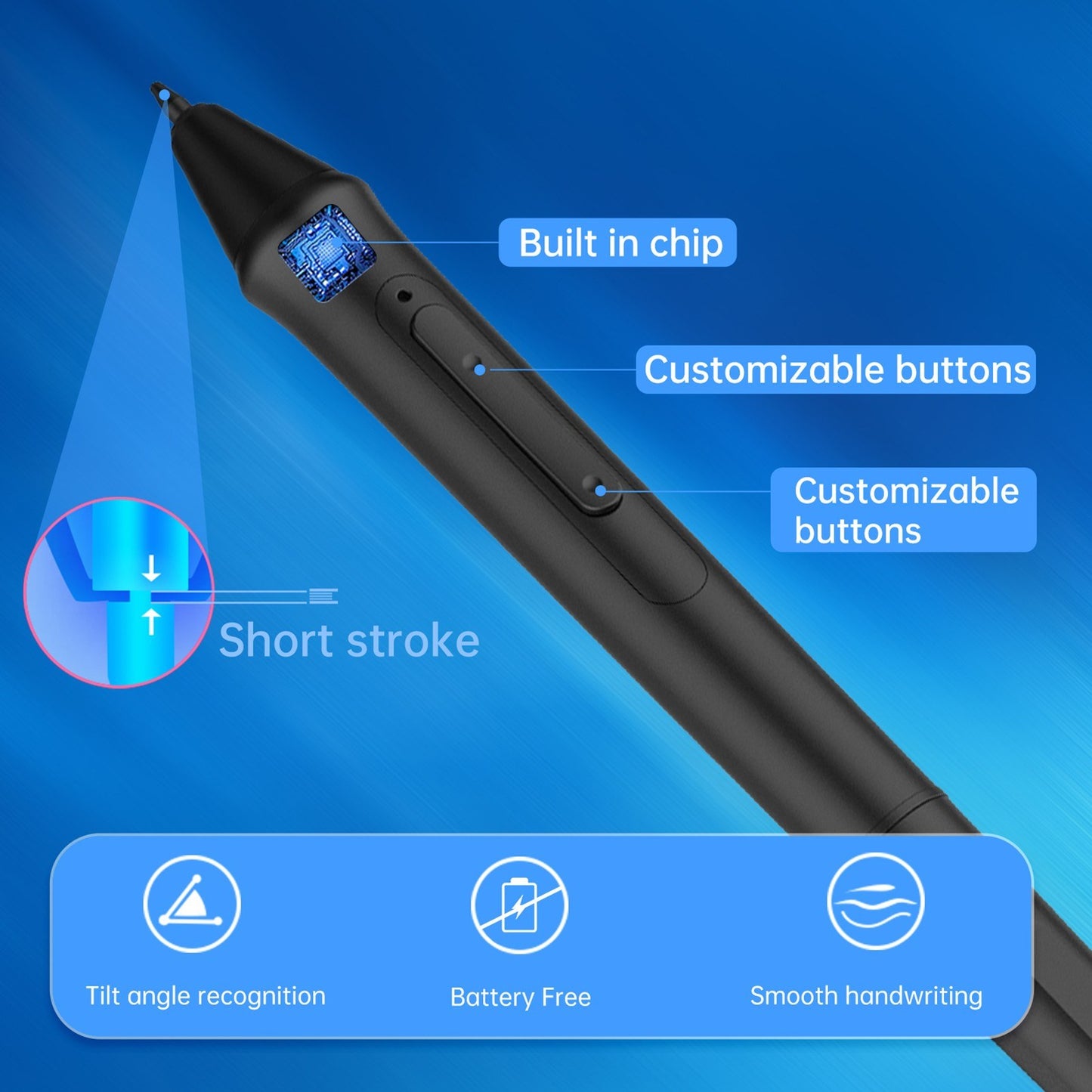 W517 Stylus Pen - 8192 Levels, 2 Custom Keys, 10 Extra Nibs, Battery-Free