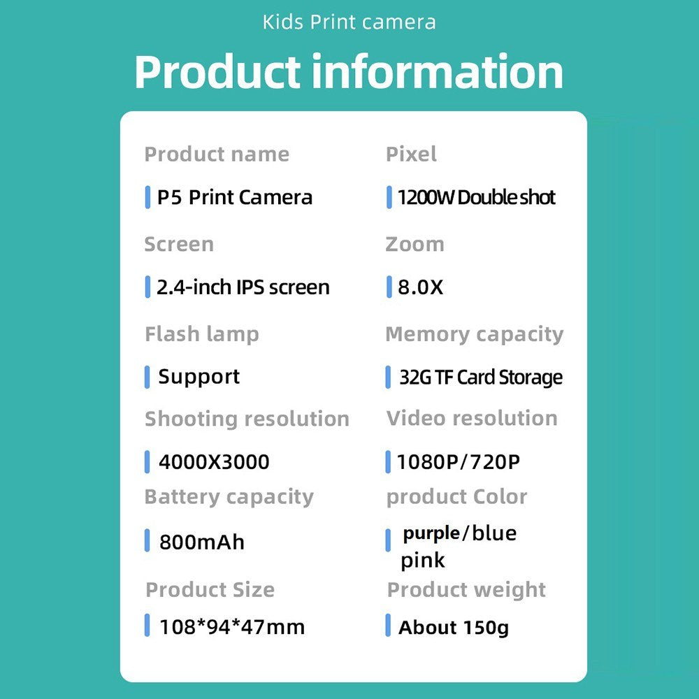 Instant Thermal Printer Kids Camera with 1080P/720P Video Recording, 2.4-Inch Screen, Timer Shooting, 3 Inkless Print Rolls, 32GB Memory Card & Card Reader