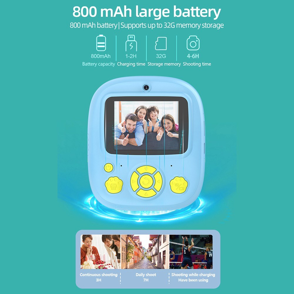 Instant Thermal Printer Kids Camera with 1080P/720P Video Recording, 2.4-Inch Screen, Timer Shooting, 3 Inkless Print Rolls, 32GB Memory Card & Card Reader