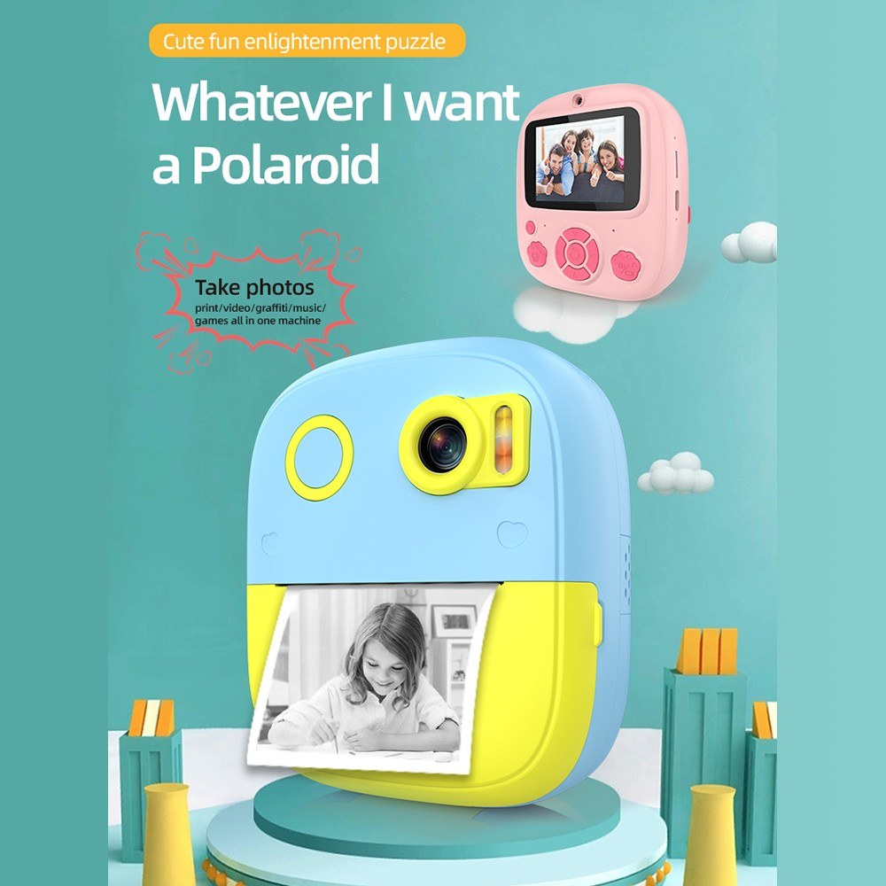 Instant Thermal Printer Kids Camera with 1080P/720P Video Recording, 2.4-Inch Screen, Timer Shooting, 3 Inkless Print Rolls, 32GB Memory Card & Card Reader
