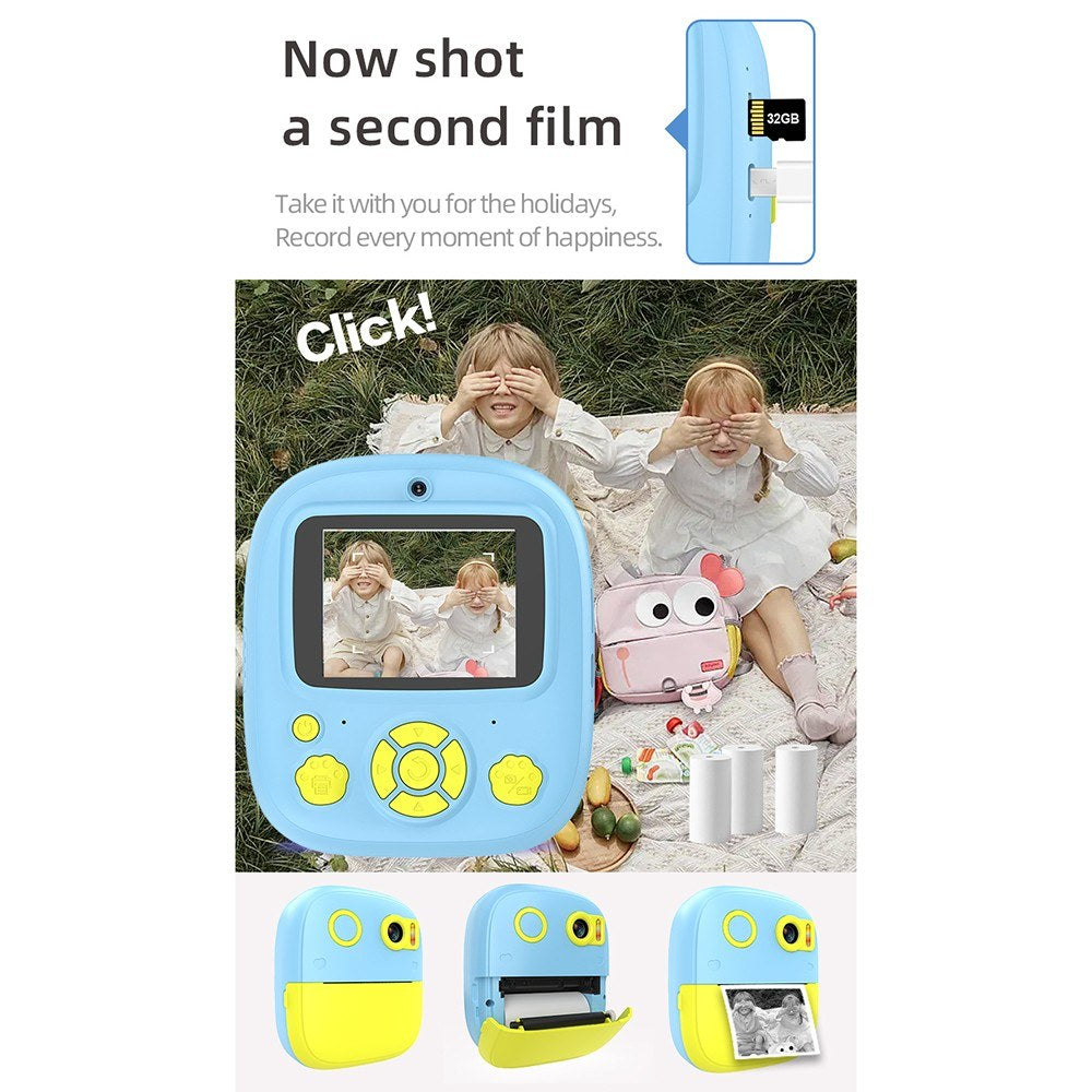 Instant Thermal Printer Kids Camera with 1080P/720P Video Recording, 2.4-Inch Screen, Timer Shooting, 3 Inkless Print Rolls, 32GB Memory Card & Card Reader