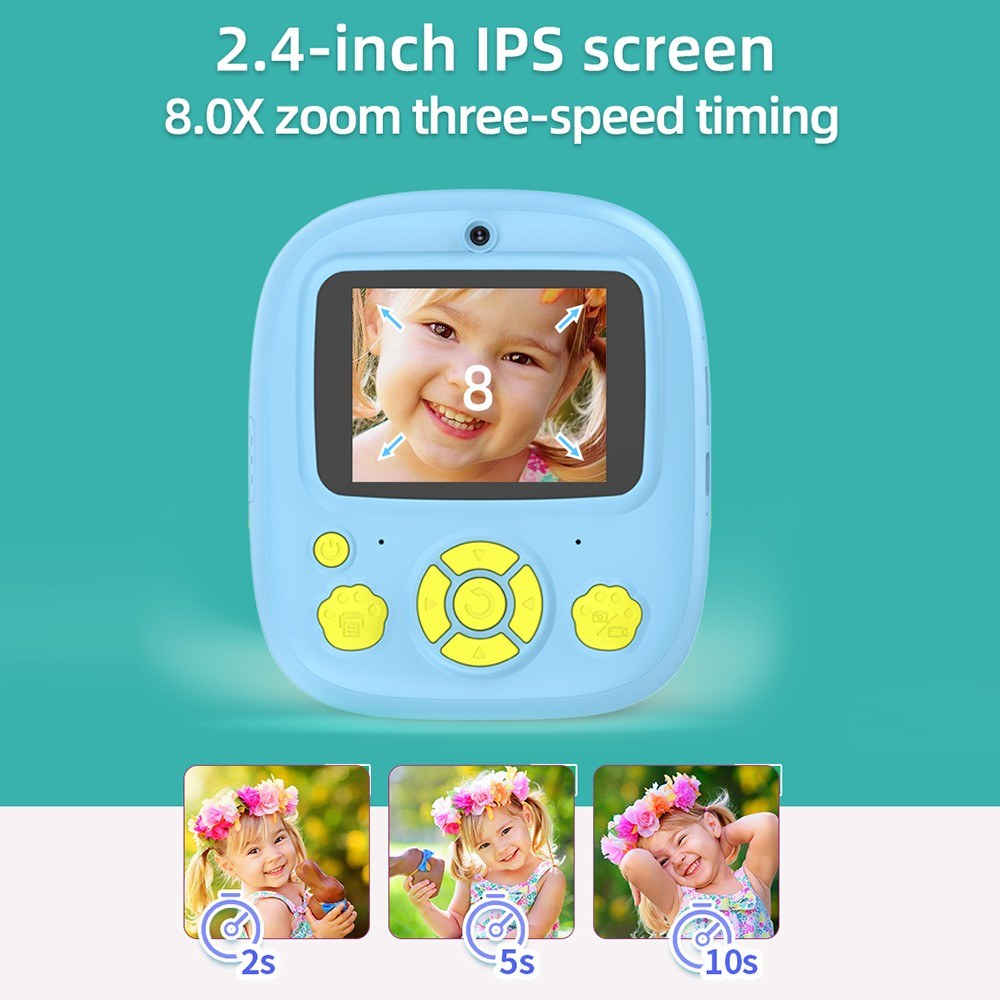 Instant Thermal Printer Kids Camera with 1080P/720P Video Recording, 2.4-Inch Screen, Timer Shooting, 3 Inkless Print Rolls, 32GB Memory Card & Card Reader