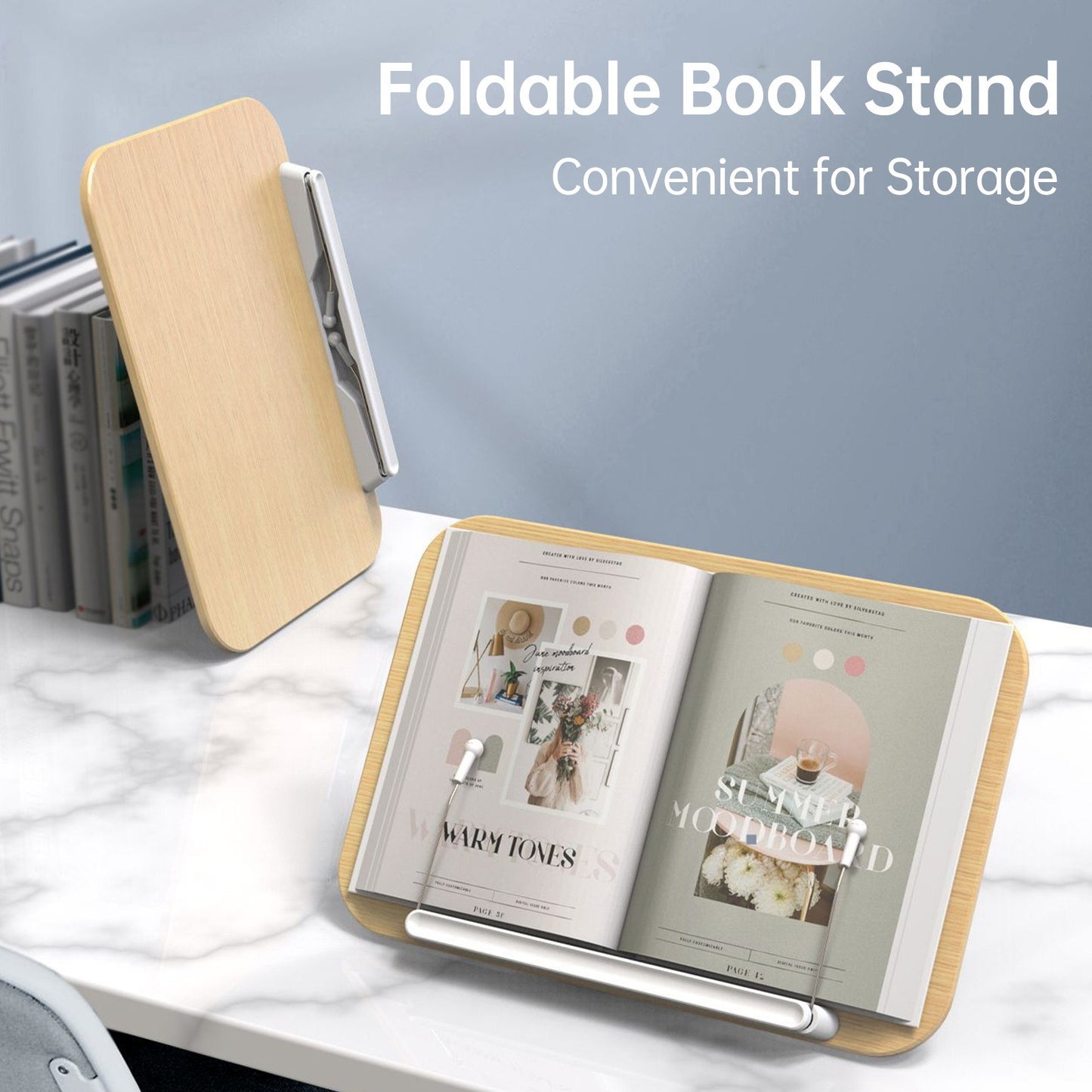 Wooden Desktop Book Stand with Rolling Page Clips for Reading