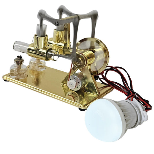 Dual Hot Air Stirling Engine Generator with LED Bulb and CNC Aluminum Flywheel Base