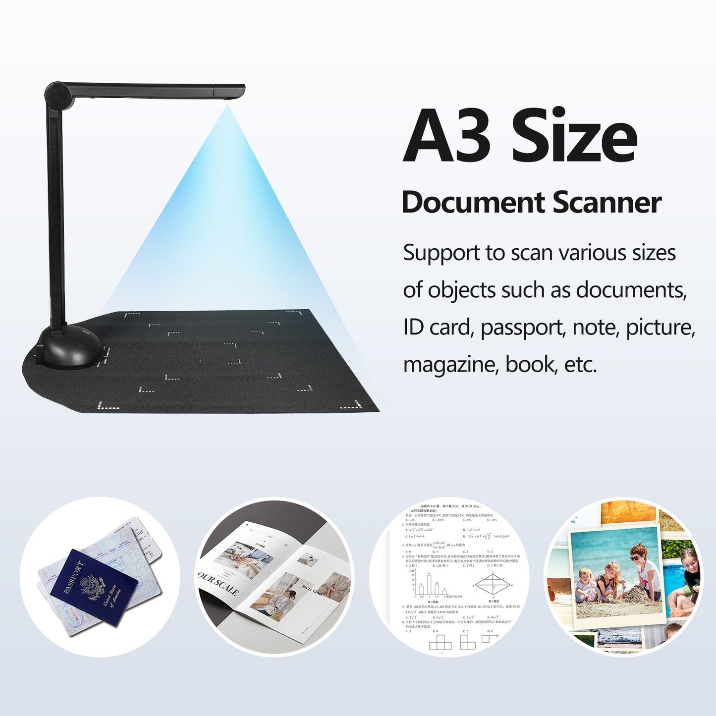 A3 A4 Document Camera Book Scanner with LED Fill Light