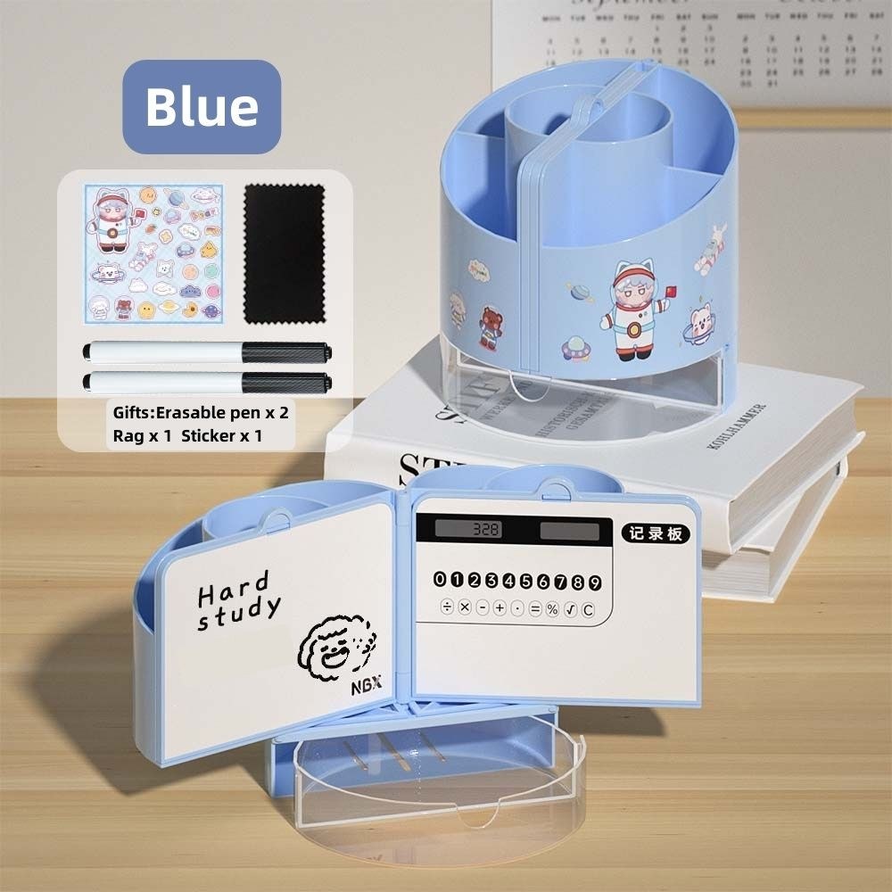 4-in-1 Multifunctional Pen Holder with Mirror, Calculator, Dry Erase Board & Tray - 6 Slots Desktop Organizer