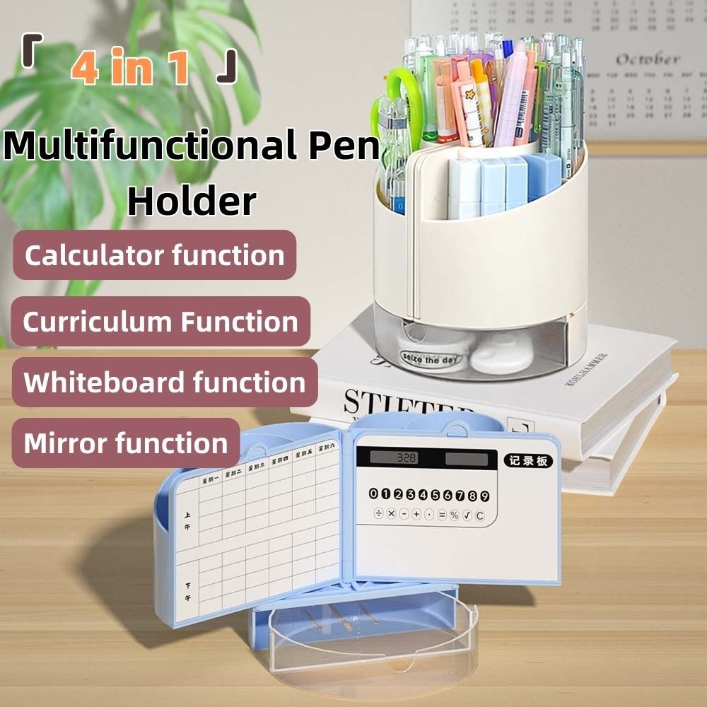 4-in-1 Multifunctional Pen Holder with Mirror, Calculator, Dry Erase Board & Tray - 6 Slots Desktop Organizer