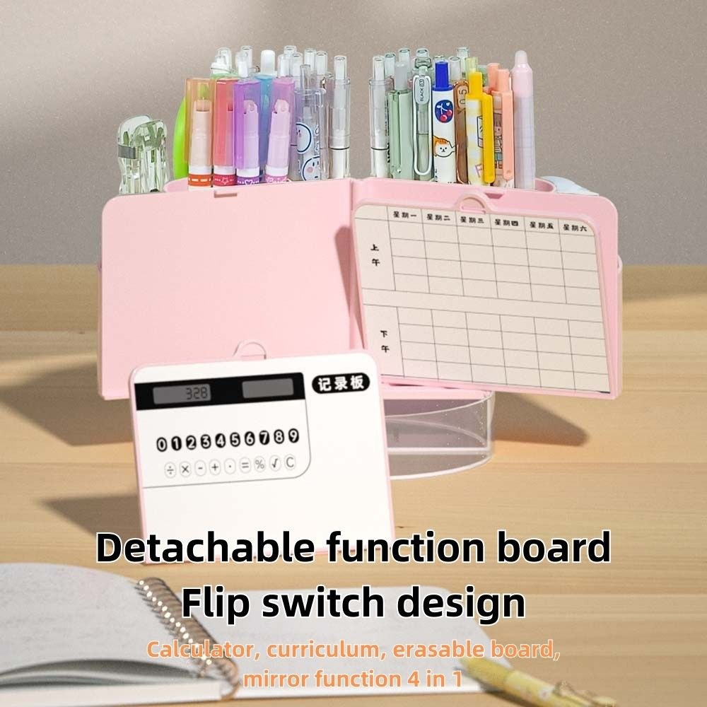 4-in-1 Multifunctional Pen Holder with Mirror, Calculator, Dry Erase Board & Tray - 6 Slots Desktop Organizer