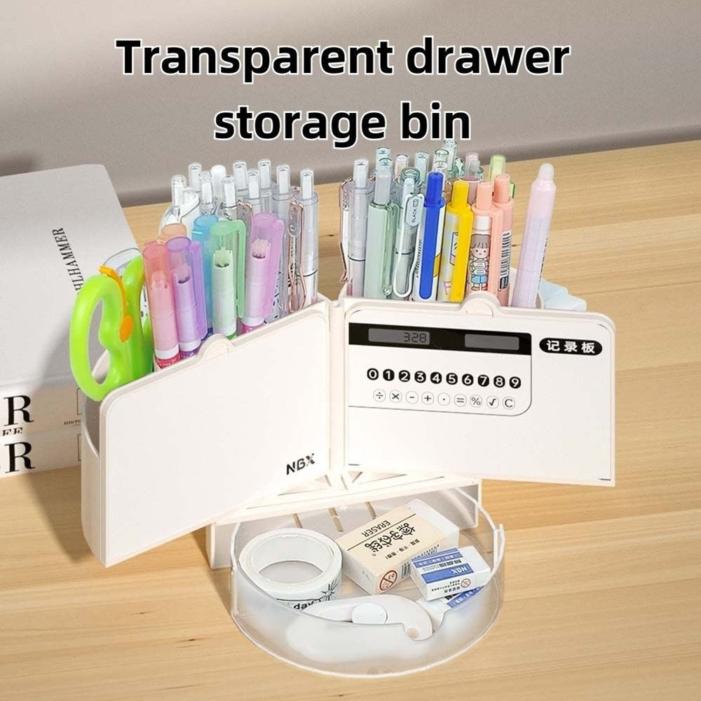 4-in-1 Multifunctional Pen Holder with Mirror, Calculator, Dry Erase Board & Tray - 6 Slots Desktop Organizer