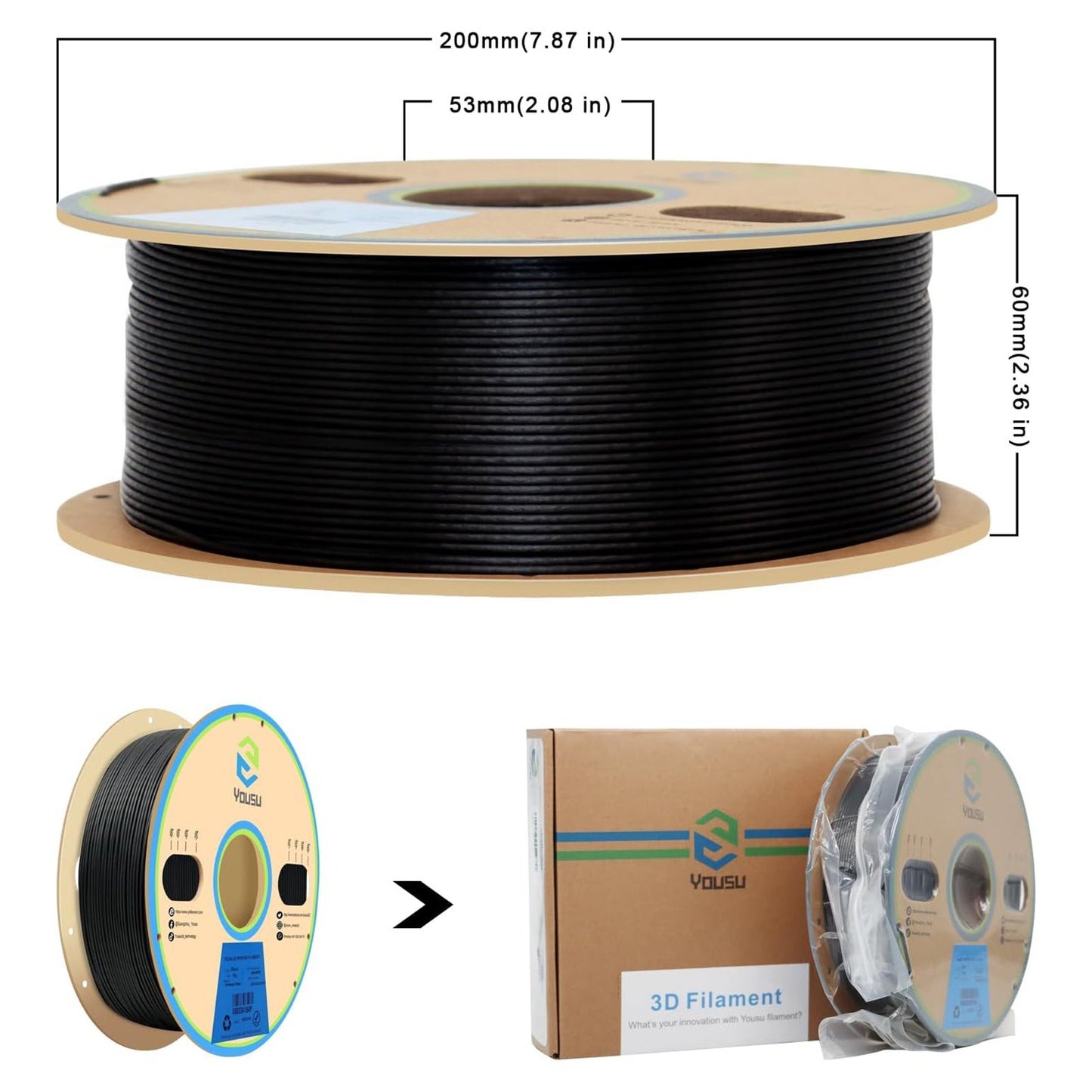 YOUSU Polypropylene 1.75mm PP Filament for 3D Printers, 1kg (2.2lbs) - Black | Compatible with Creality, Anycubic, Flashforge FDM Models