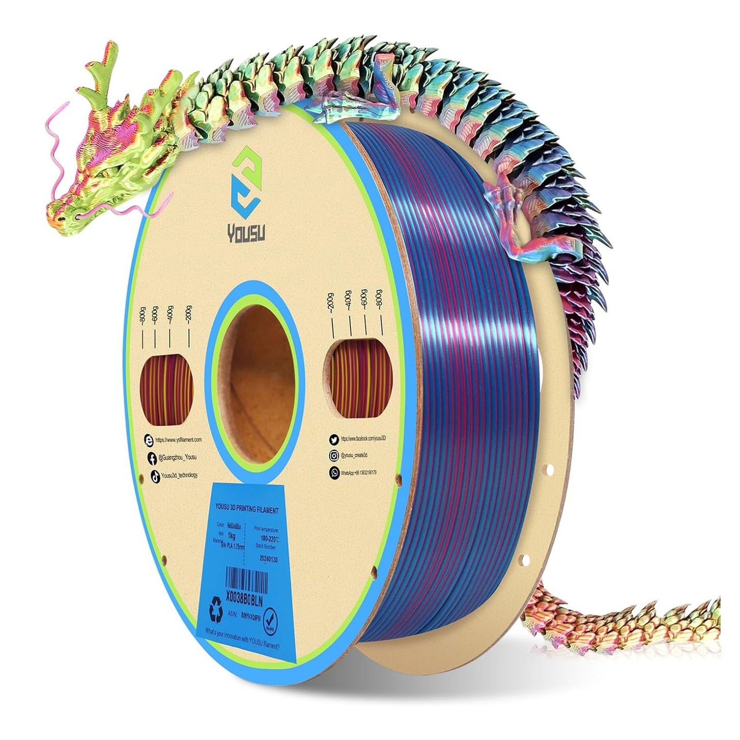 Triple Color Silk PLA Filament 1.75mm for 3D Printers - Red, Gold, Blue - High Accuracy +/- 0.03mm, 1kg (2.2 lbs) by YOUSU