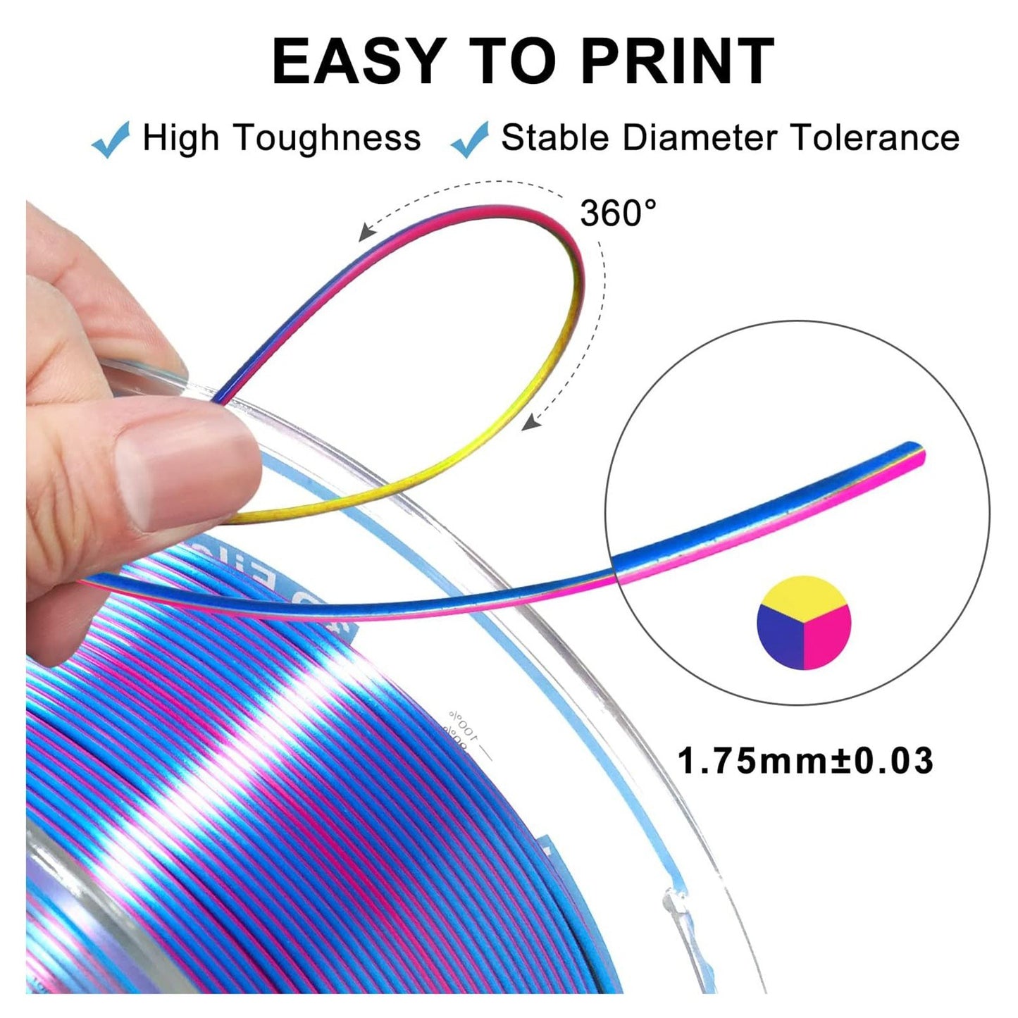 Triple Color Silk PLA Filament 1.75mm for 3D Printers - Red, Gold, Blue - High Accuracy +/- 0.03mm, 1kg (2.2 lbs) by YOUSU