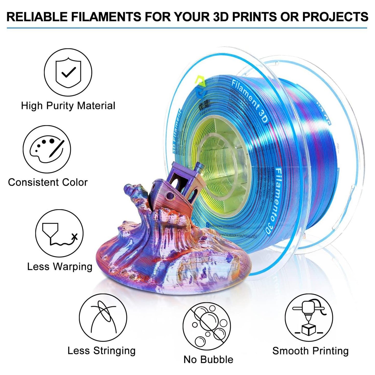 Triple Color Silk PLA Filament 1.75mm for 3D Printers - Red, Gold, Blue - High Accuracy +/- 0.03mm, 1kg (2.2 lbs) by YOUSU
