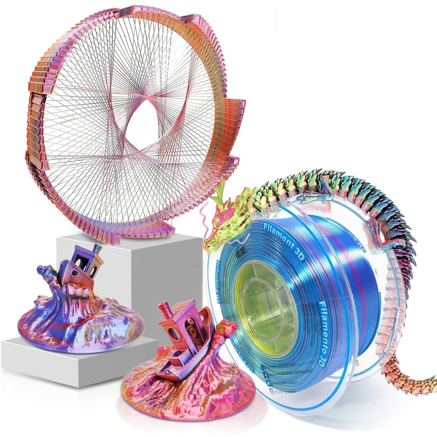 Triple Color Silk PLA Filament 1.75mm for 3D Printers - Red, Gold, Blue - High Accuracy +/- 0.03mm, 1kg (2.2 lbs) by YOUSU